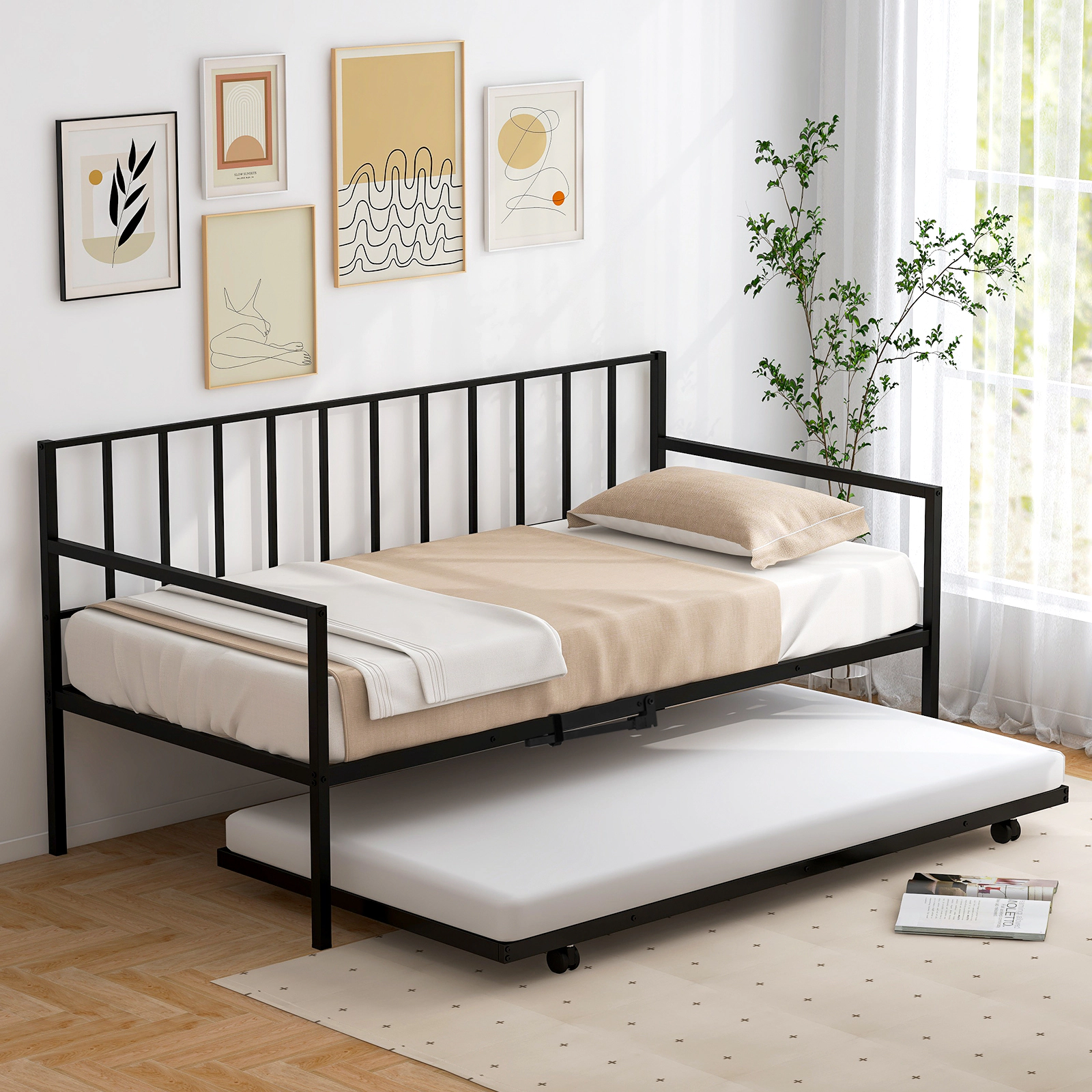 SUGIFT Twin Daybed with Rolling Trundle, Steel Slat Platform, Black