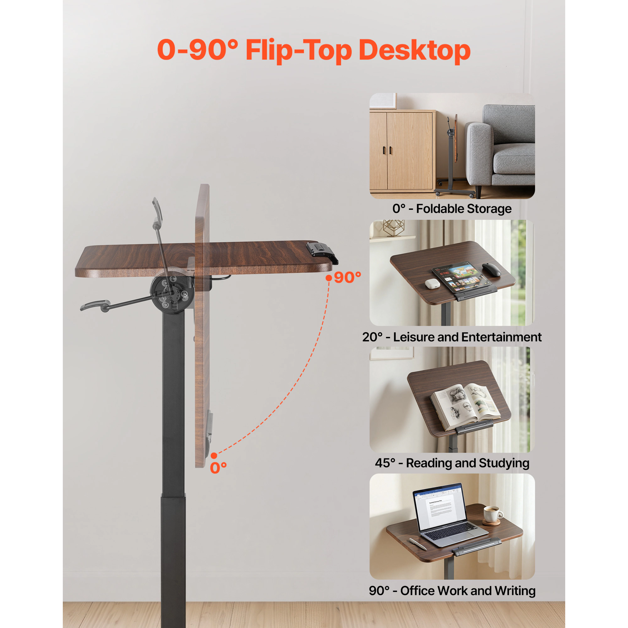 HONGGE Adjustable Height Standing Desk with 90° Tilting Top, 25.6 x 19 in Rolling Sit-Stand Workstation, Brown