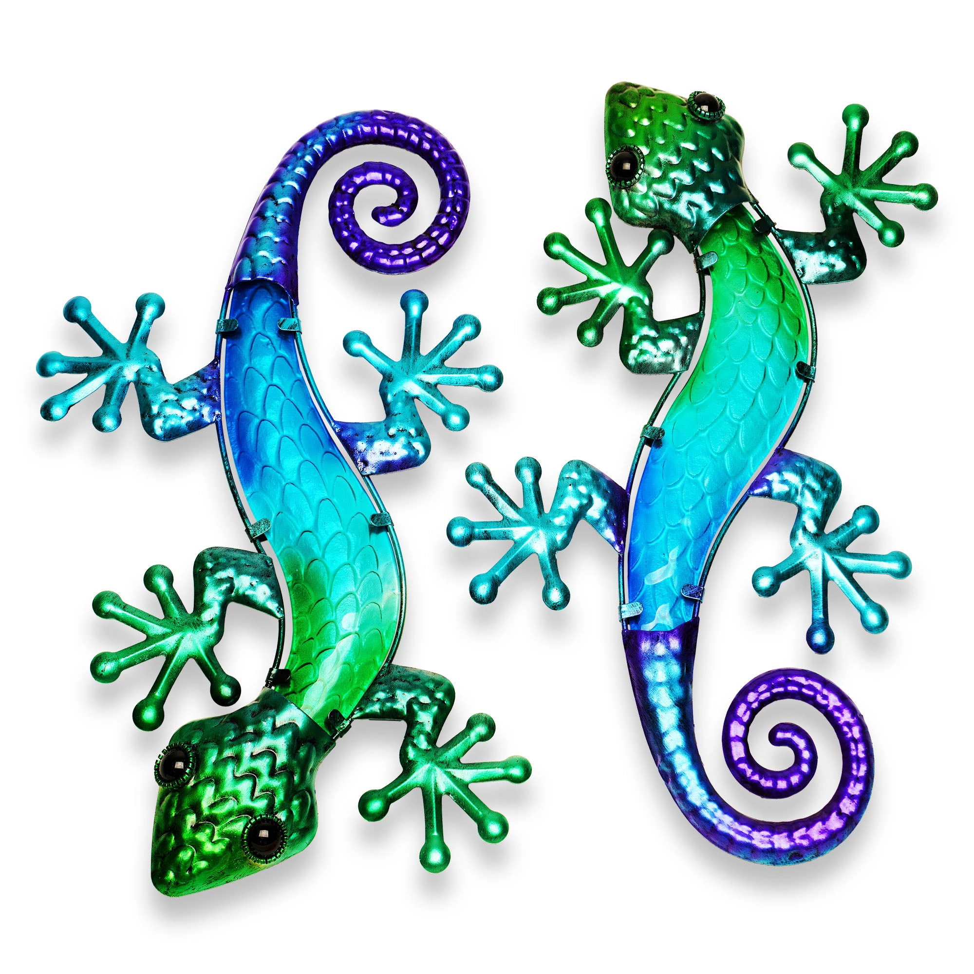 G128 Green Blue Metal Gecko Wall Art Set of 2