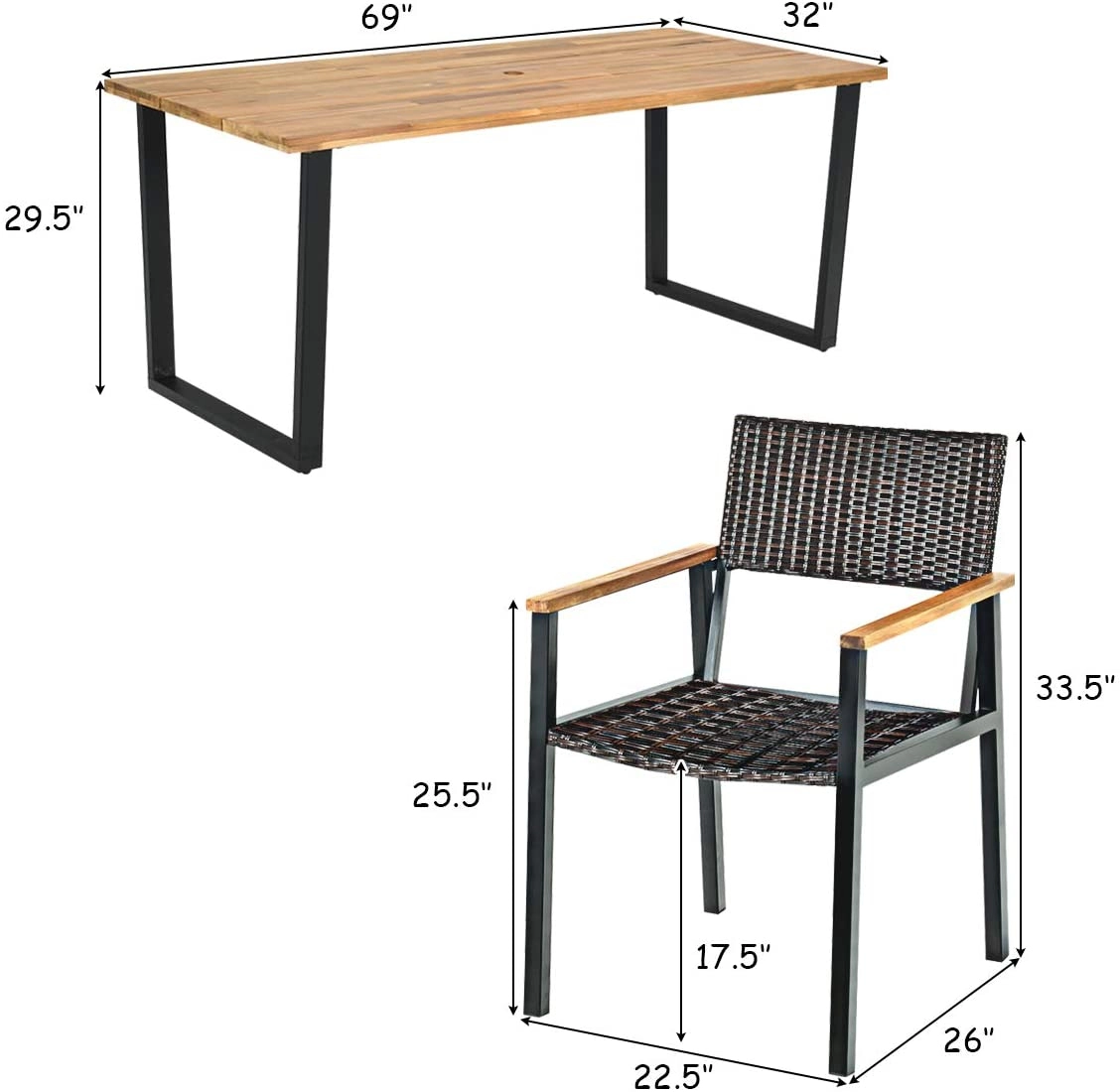 LJG Patented 7 Pieces Outdoor Dining Set with Large Acacia Wood Table Top