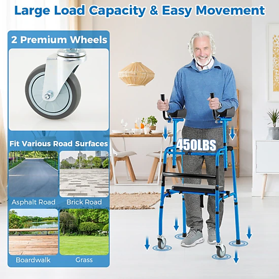 SUGIFT Versatile Rolling Walker with Flip-Up Seat and Adjustable Armrests 450-lb Capacity Silver Navy