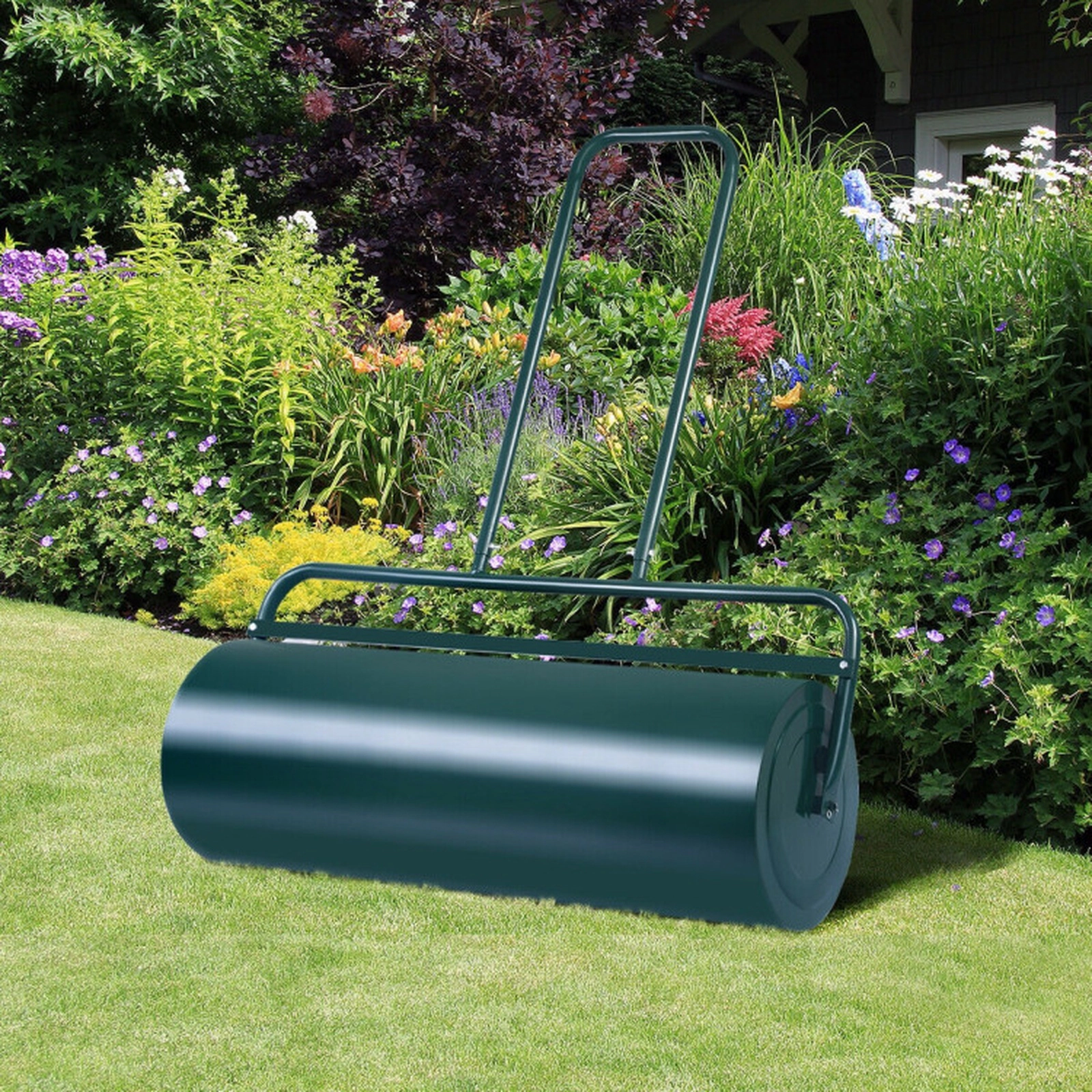 SUGIFT 24-in Wide Steel Tow Lawn Roller with U-Shaped Handle Water or Sand Filled 24-lb Net Weight Black/Green 1-Pc