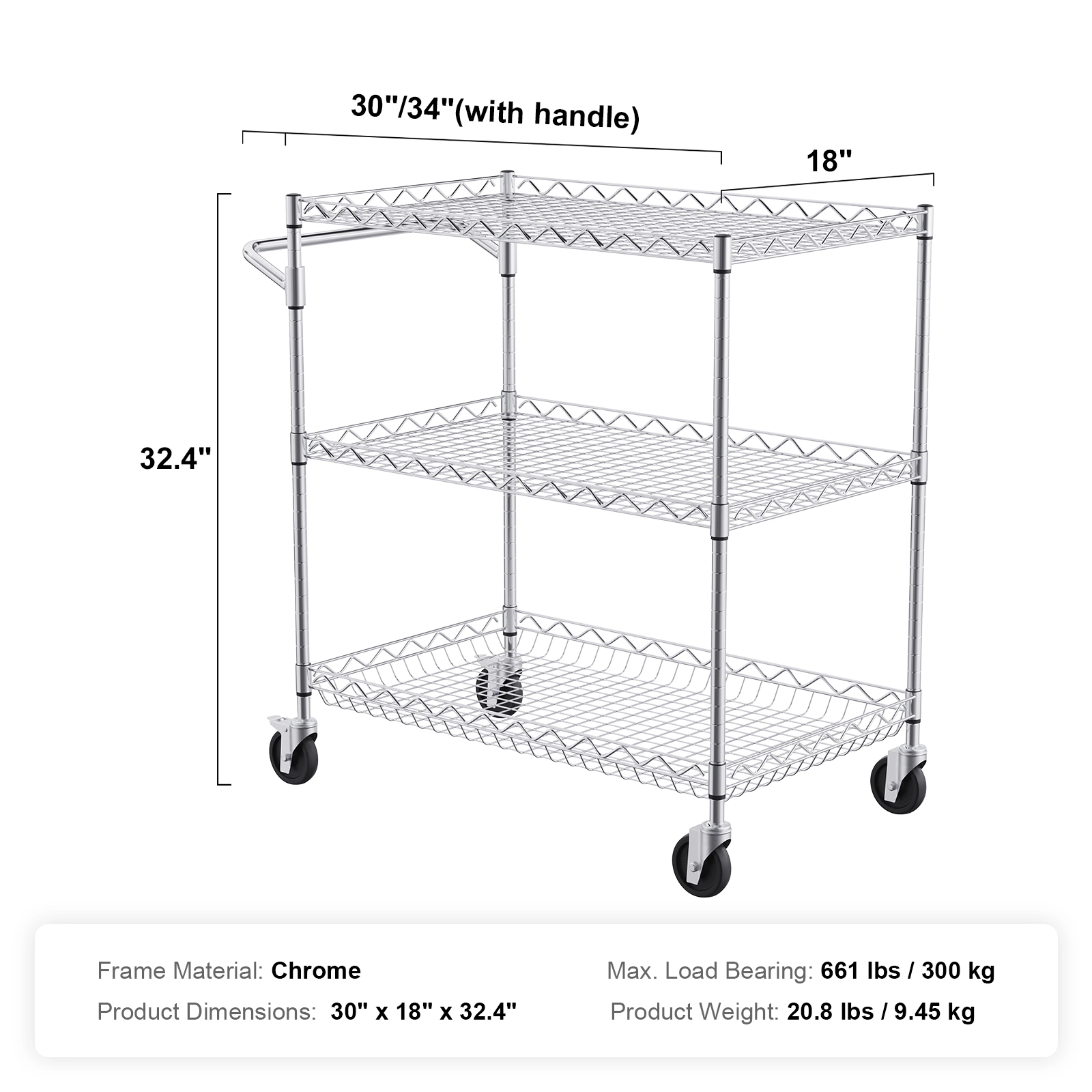 HONGGE 3-Tier Chrome Steel Kitchen Utility Cart, 661 lbs Heavy Duty Capacity, Adjustable Wire Storage Trolley