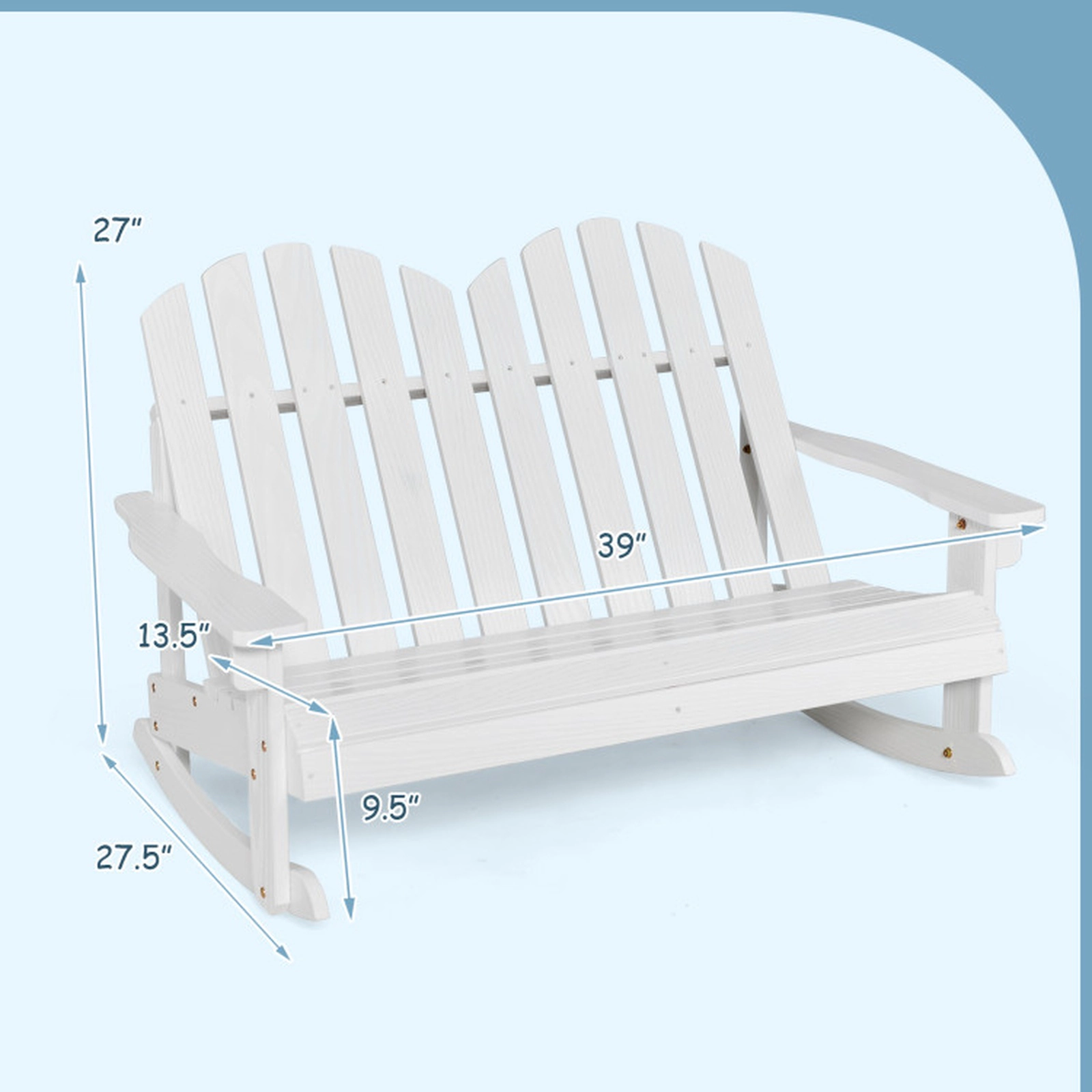 SUGIFT 2 Person Fir Wood Adirondack Rocking Chair with Slatted Seat 220-lb Capacity White