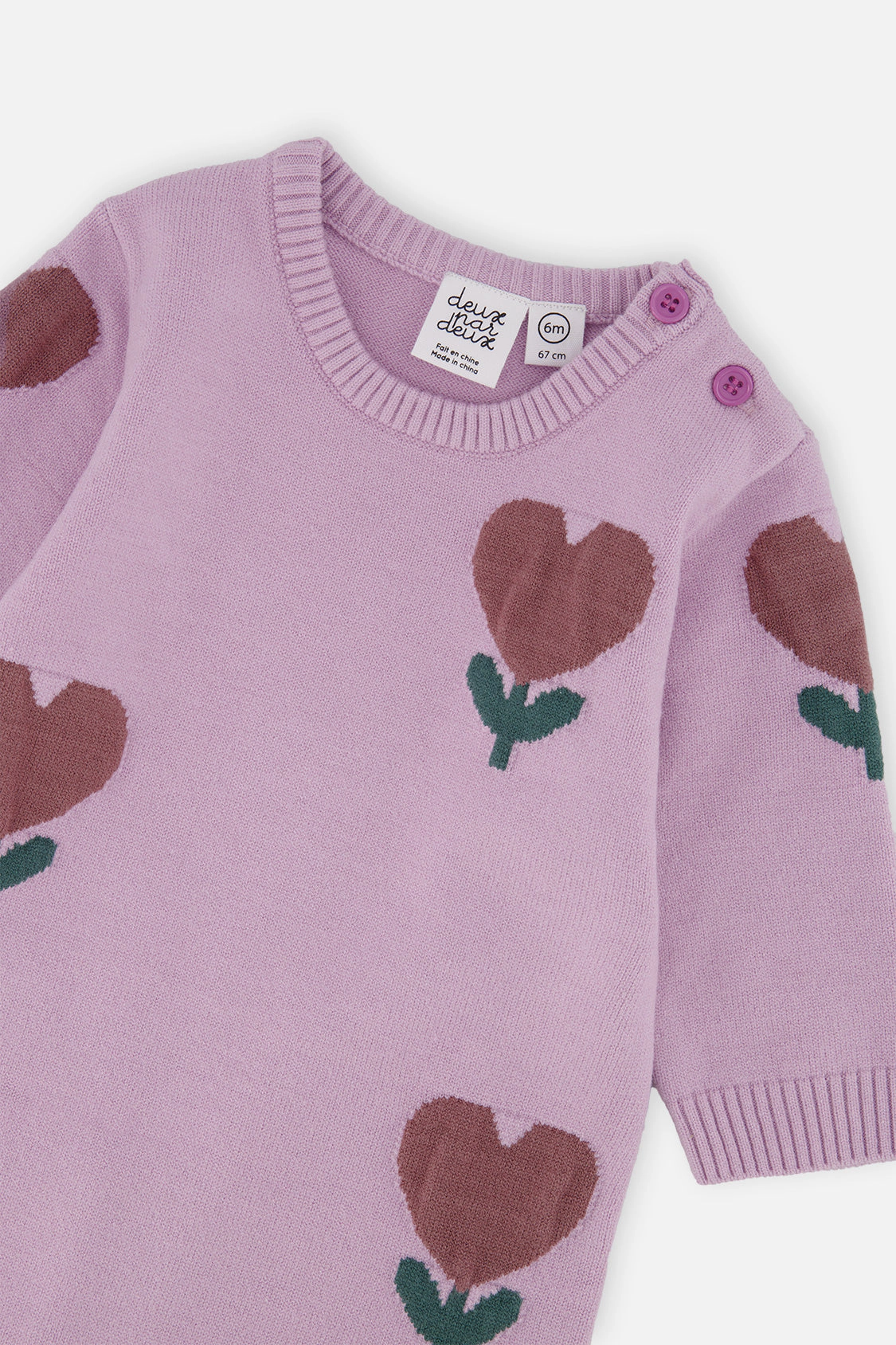 Deux par Girls Knitted Intarsia Long Sleeve Romper with Heart and Flower Pattern