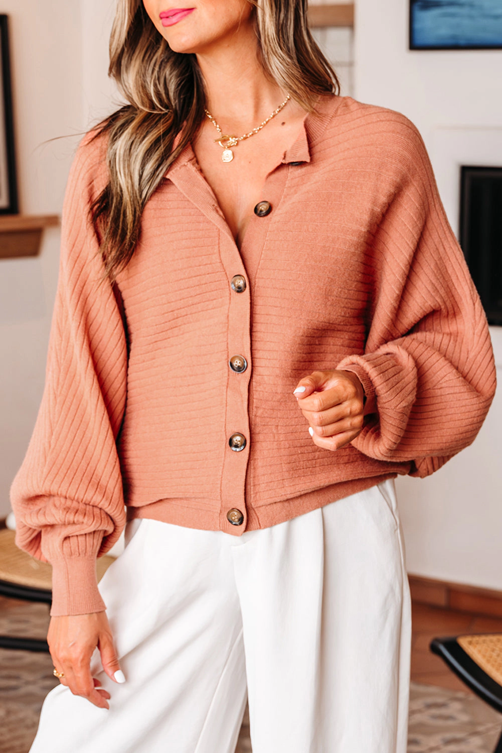 Threaded Pear Women's Parker Button Front Dolman Sleeve Sweater Cardigan