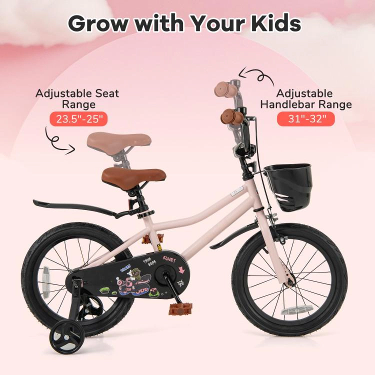SUGIFT 16-Inch Pink Kids Bike, Metal Frame, Front Basket, Training Wheels, Hand and Coaster Brakes