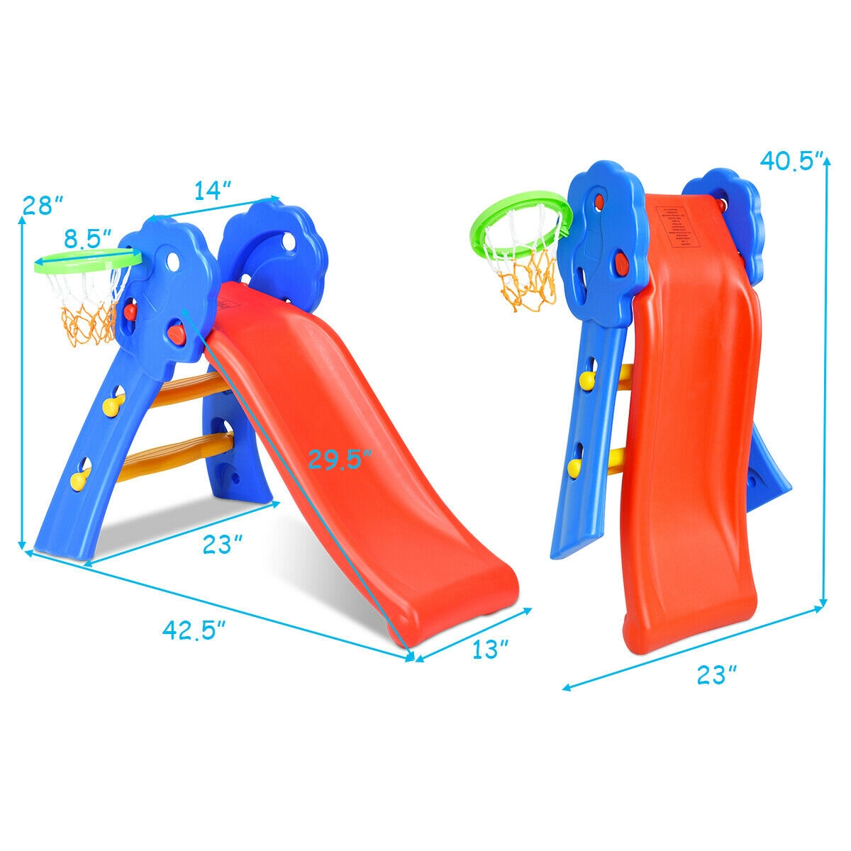 SUGIFT 110-lb Capacity 2-Step Folding Kids Plastic Slide with Basketball Hoop and Non-Slip Ladder