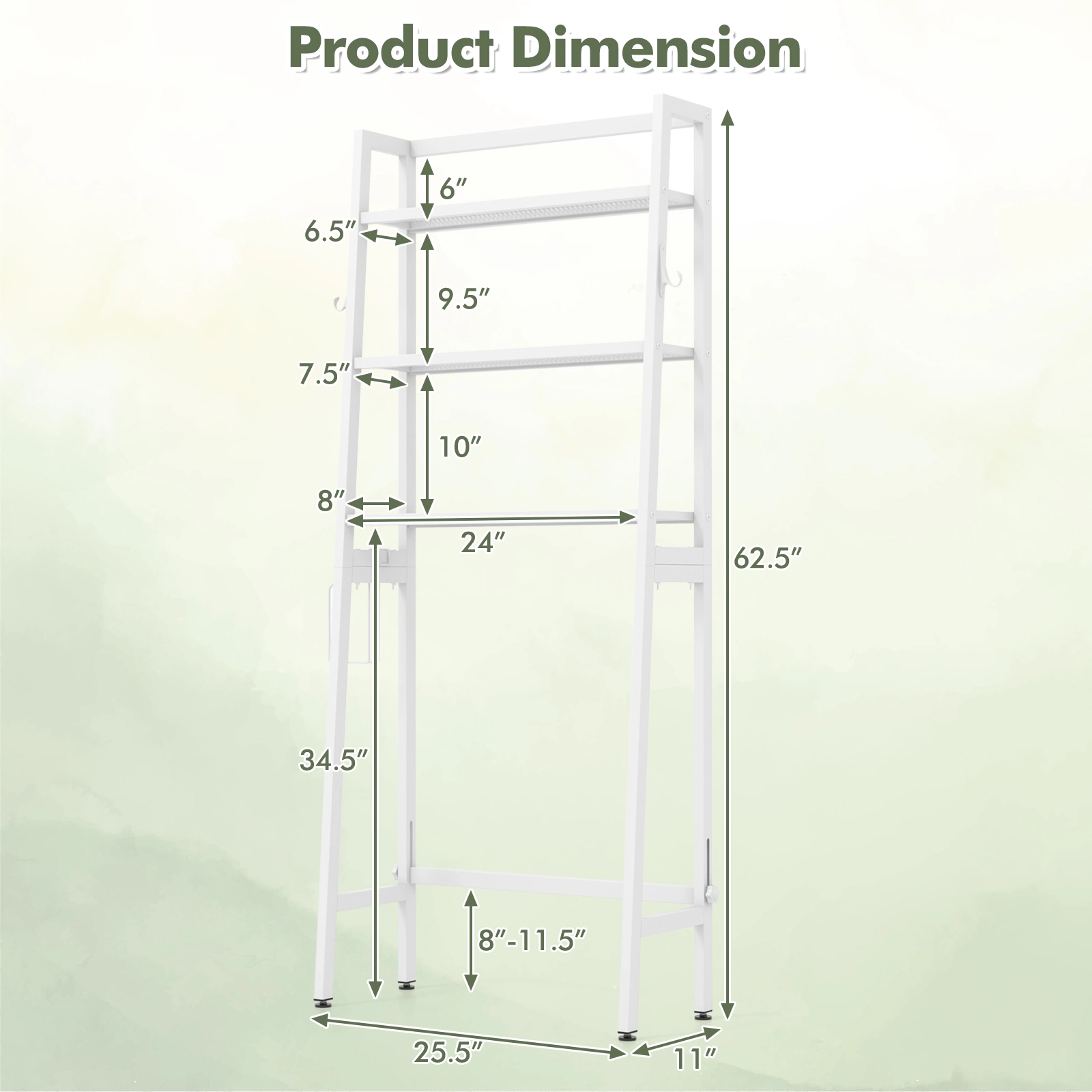 SUGIFT 3-Tier Over The Toilet Metal Storage Shelf with Adjustable Bottom Bar 132-lb Capacity White
