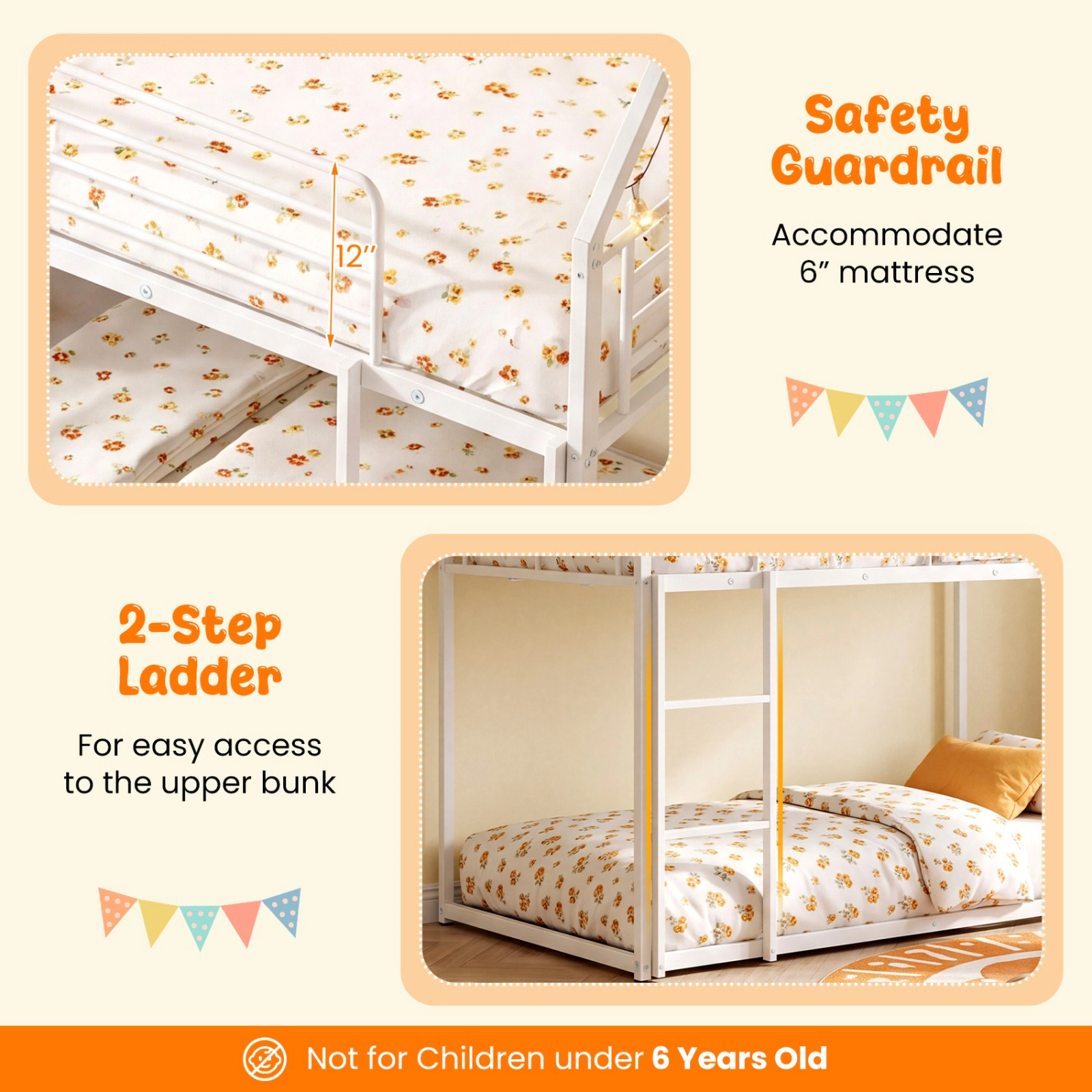 SUGIFT White Slide and Guardrails House-Shaped Metal Twin Over Twin Kids Low Bunk Bed