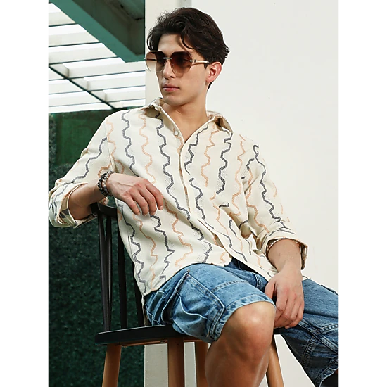 Off White Zigzag Pattern Full Sleeve Cotton Blend Shirt