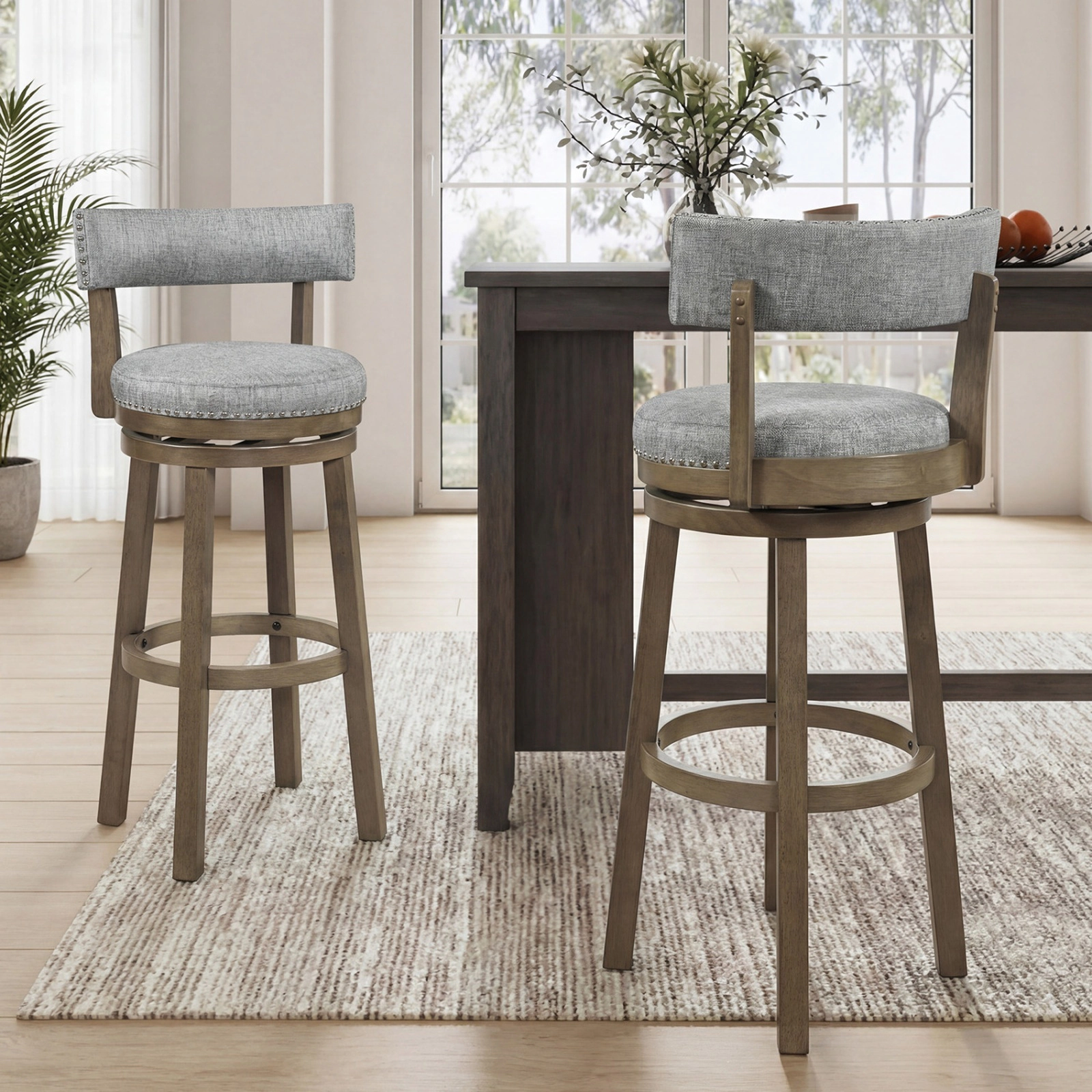 SUGIFT Set of 2 31.5-Inch Linen Swivel Bar Stools, Curved Back, Nailhead Trim