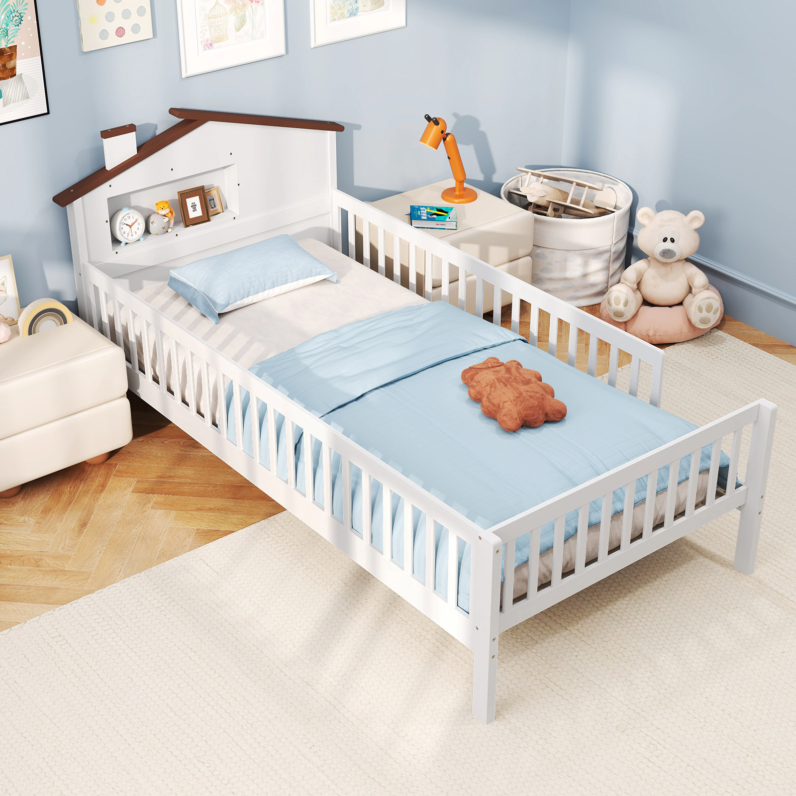 LJG Twin Size Kids Montessori Bed with House-Shaped Headboard and Built-in Storage Shelf