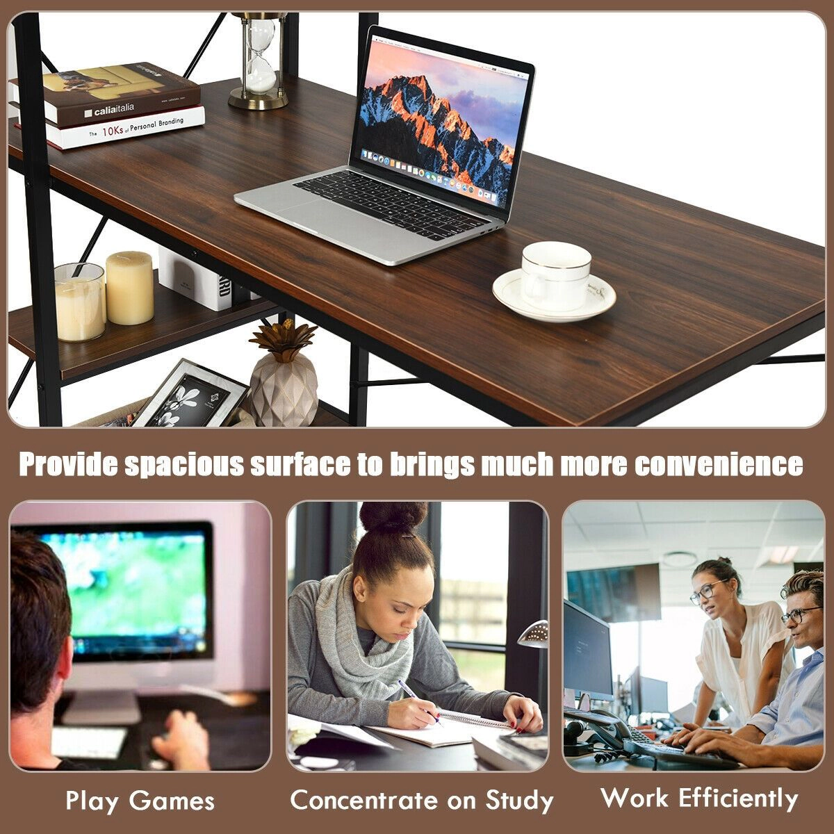 SlickBlue Computer Desk with 4-Tier Shelf and X-Frame