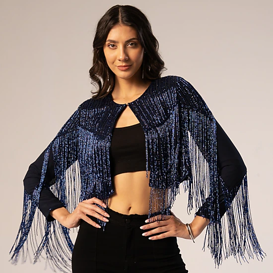 Rose & Nancy Women's Blue Black Scarlett Beaded Fringe Jacket