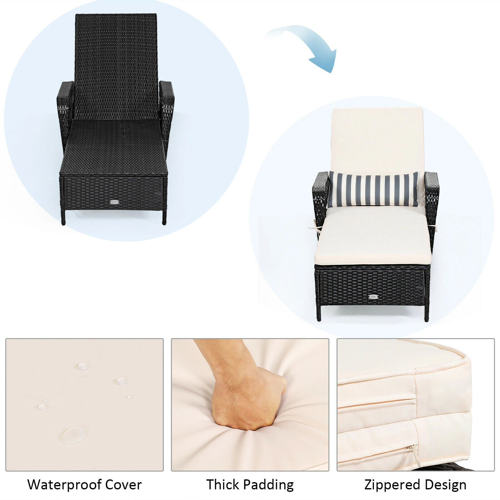 LJG PE Rattan Armrest Chaise Lounge Chair with Adjustable Pillow