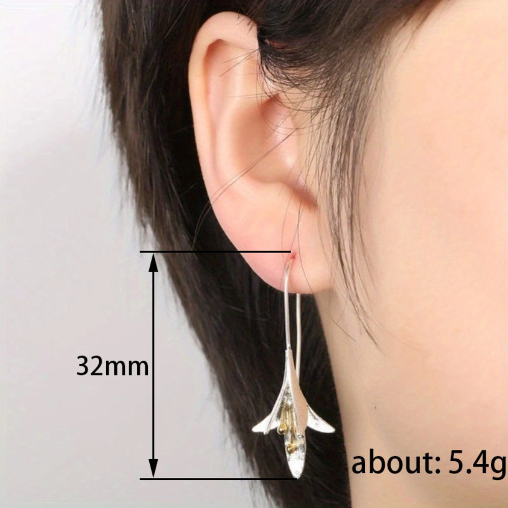 Dual-Tone Gold Silver Lily Flower Hook Earrings for Women