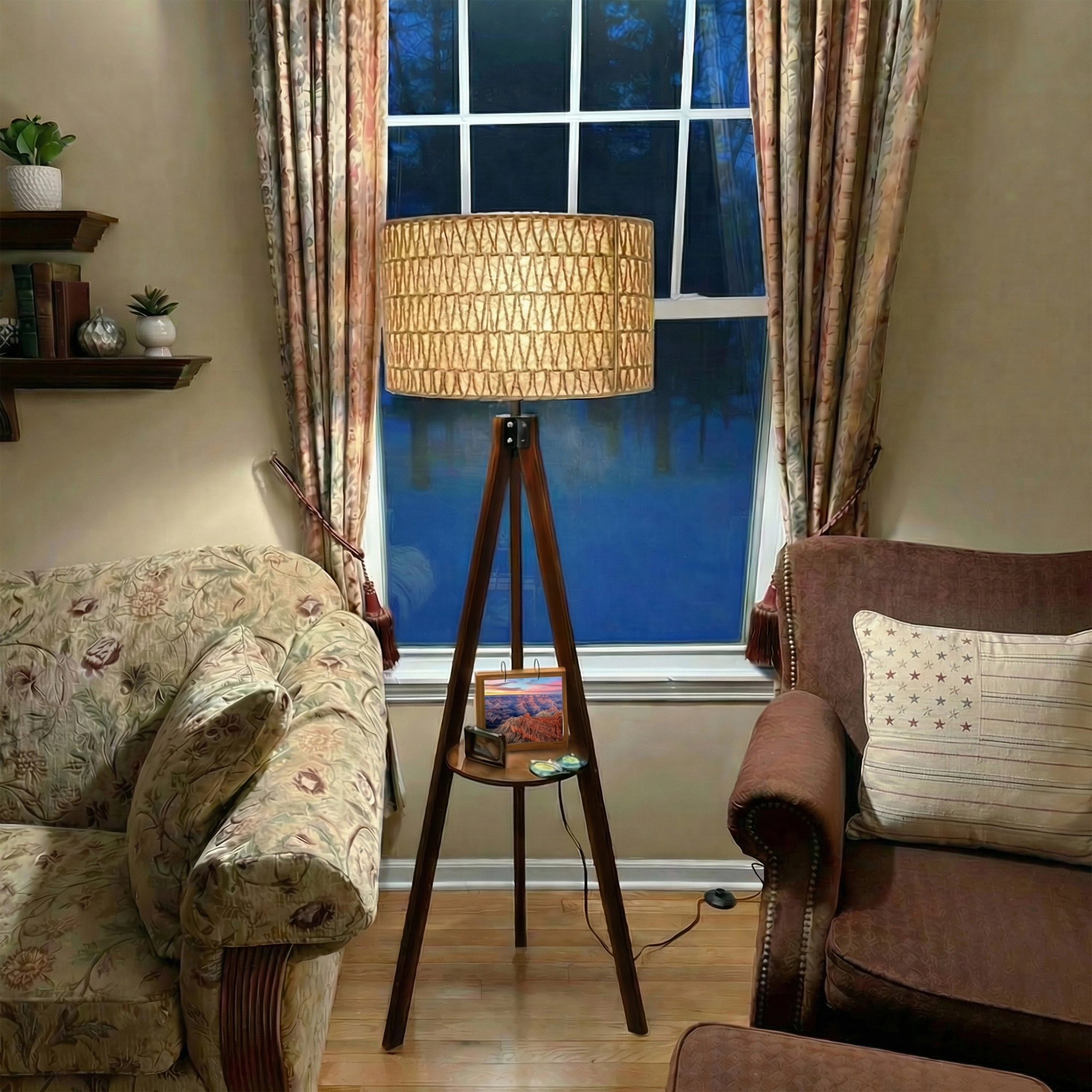 Mega Casa 59'' Tall Boho Tripod Floor Lamp with Wooden Shelf, Standing Lamp with Hand-Woven Rattan Shade