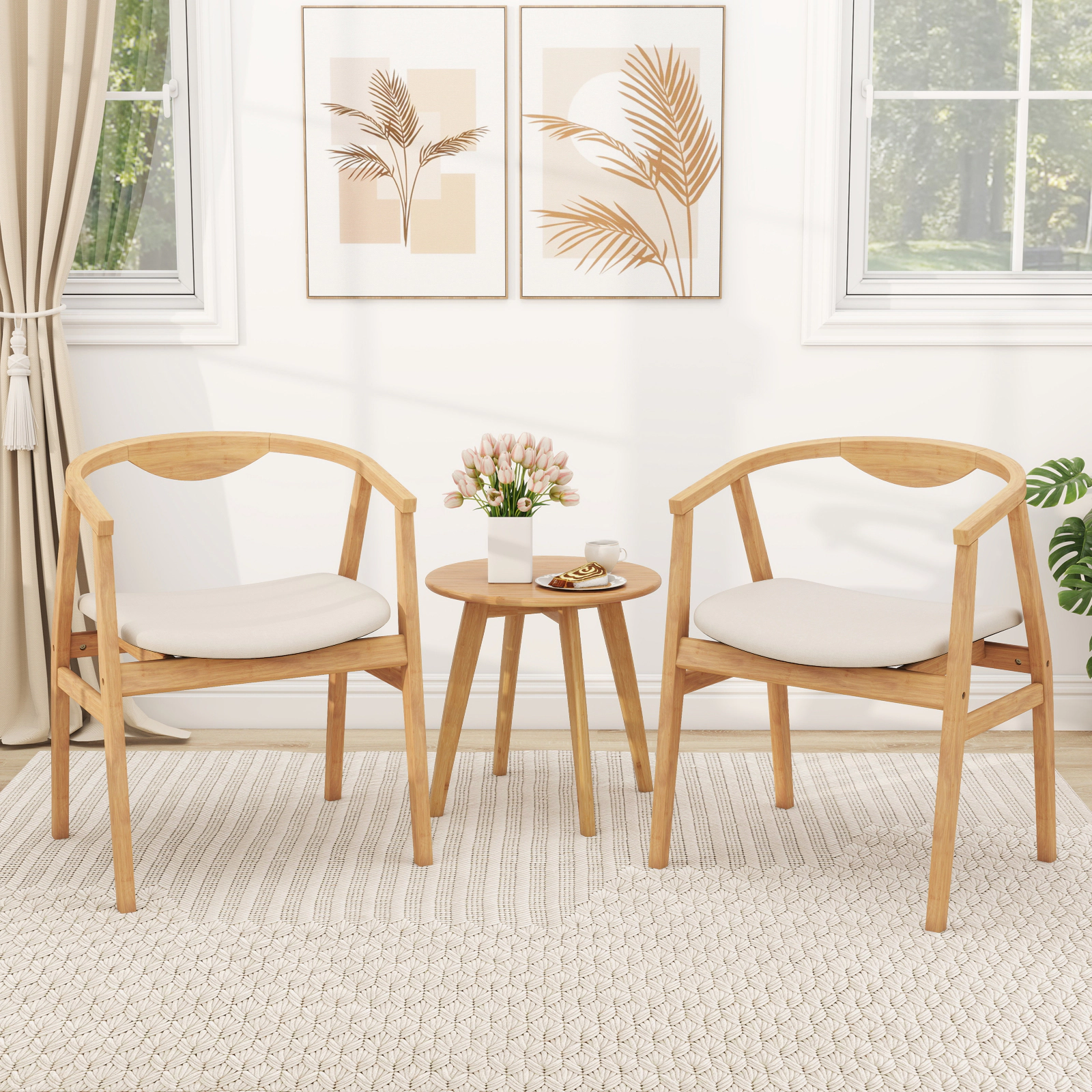 SUGIFT Natural Bamboo Dining Chair, Curved Backrest, Armrests, Padded Cushion, 330-lb Capacity
