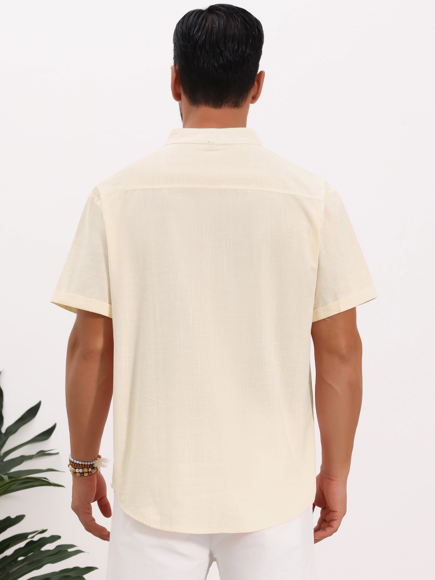 INSPIRE CHIC Men's Stand Collar Short Sleeve Linen Henley Shirt