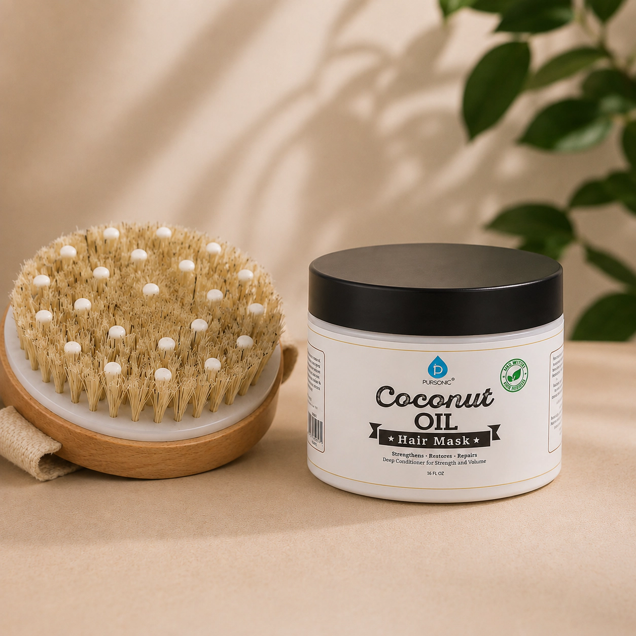 Pursonic Unisex Hair Care & Body Massage Wellness Bundle with Coconut Oil Hair Mask, Bath Brush & Wooden Rubber Massager
