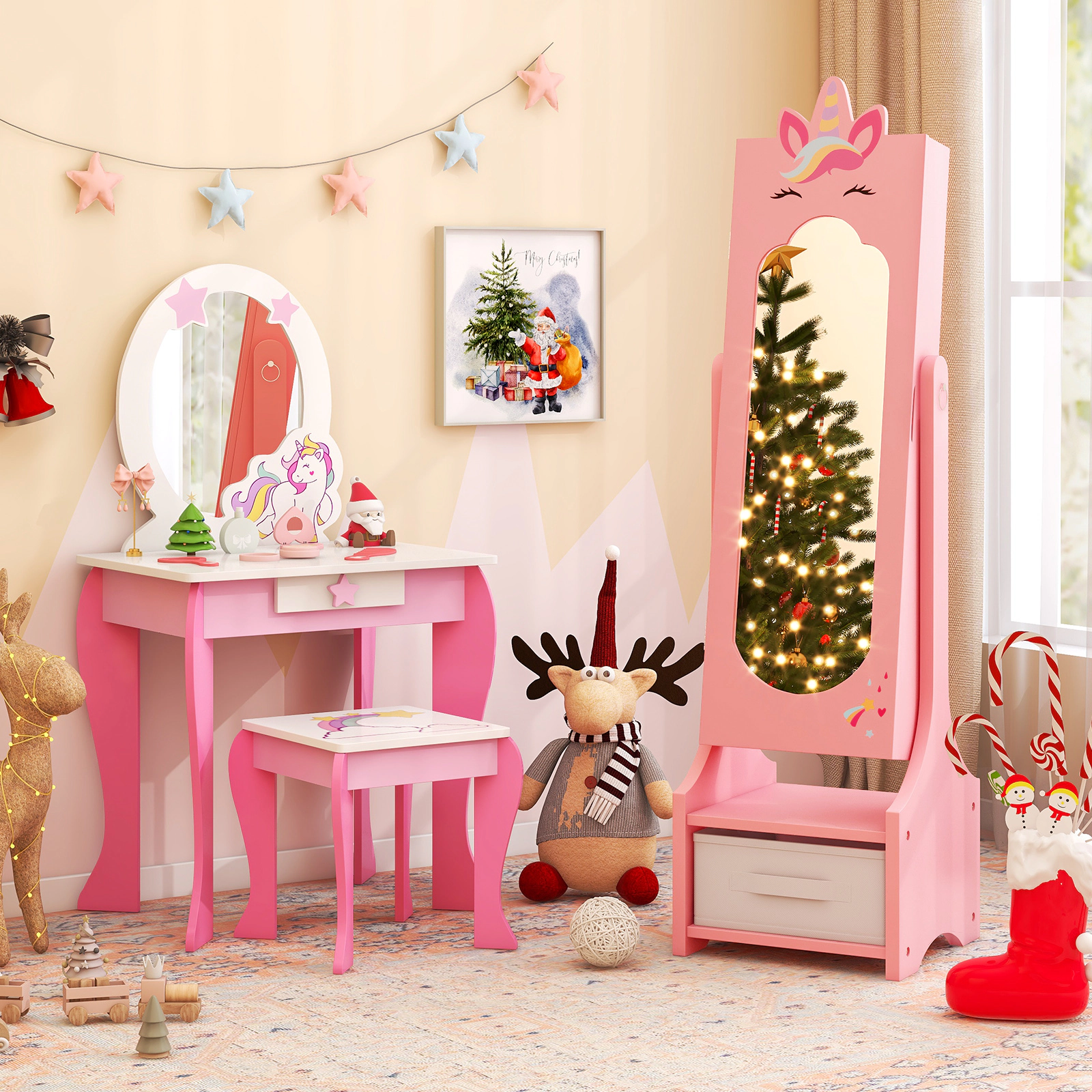 SUGIFT Pink Kids Jewelry Armoire Cabinet with Full-Length Mirror and Storage Compartments 45.5-in H
