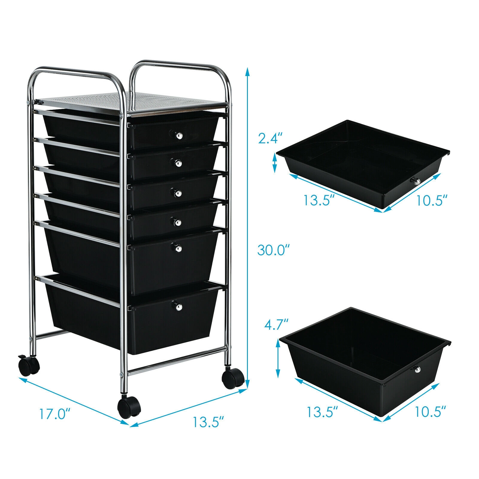 SUGIFT Black 30-in 6-Drawer Rolling Storage Cart with 2 Deep 4 Shallow Clear Drawers and Locking Wheels