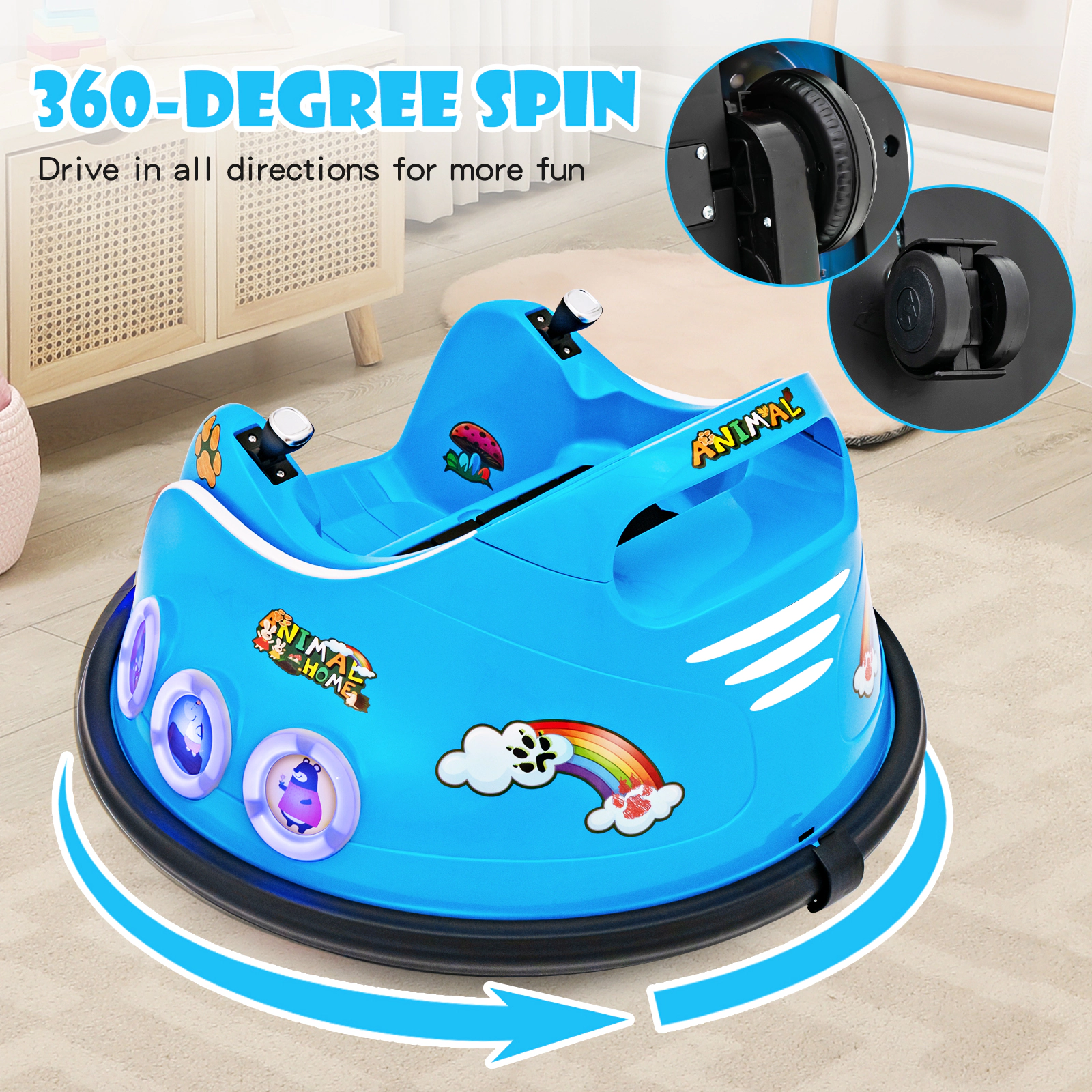 12V Kids Bumper Car Parent Remote 360-Degree Spin Dual Joysticks and LED Lights Electric Ride On Toy Ages 3-8 Navy