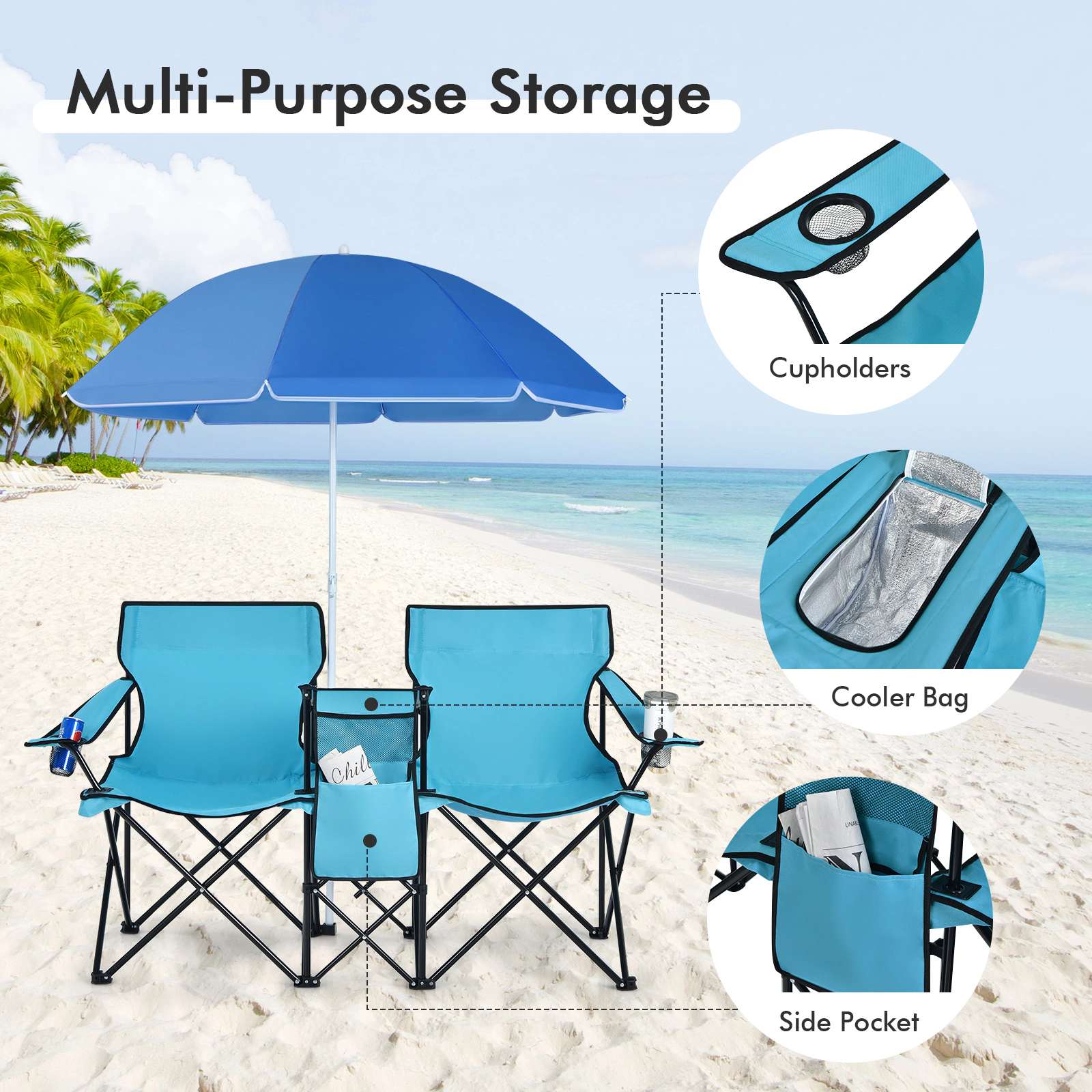 SUGIFT Folding Picnic Double Chair with Umbrella and Cooler Bag 270-lb Capacity Per Seat 600-lb Total Black Blue Gray