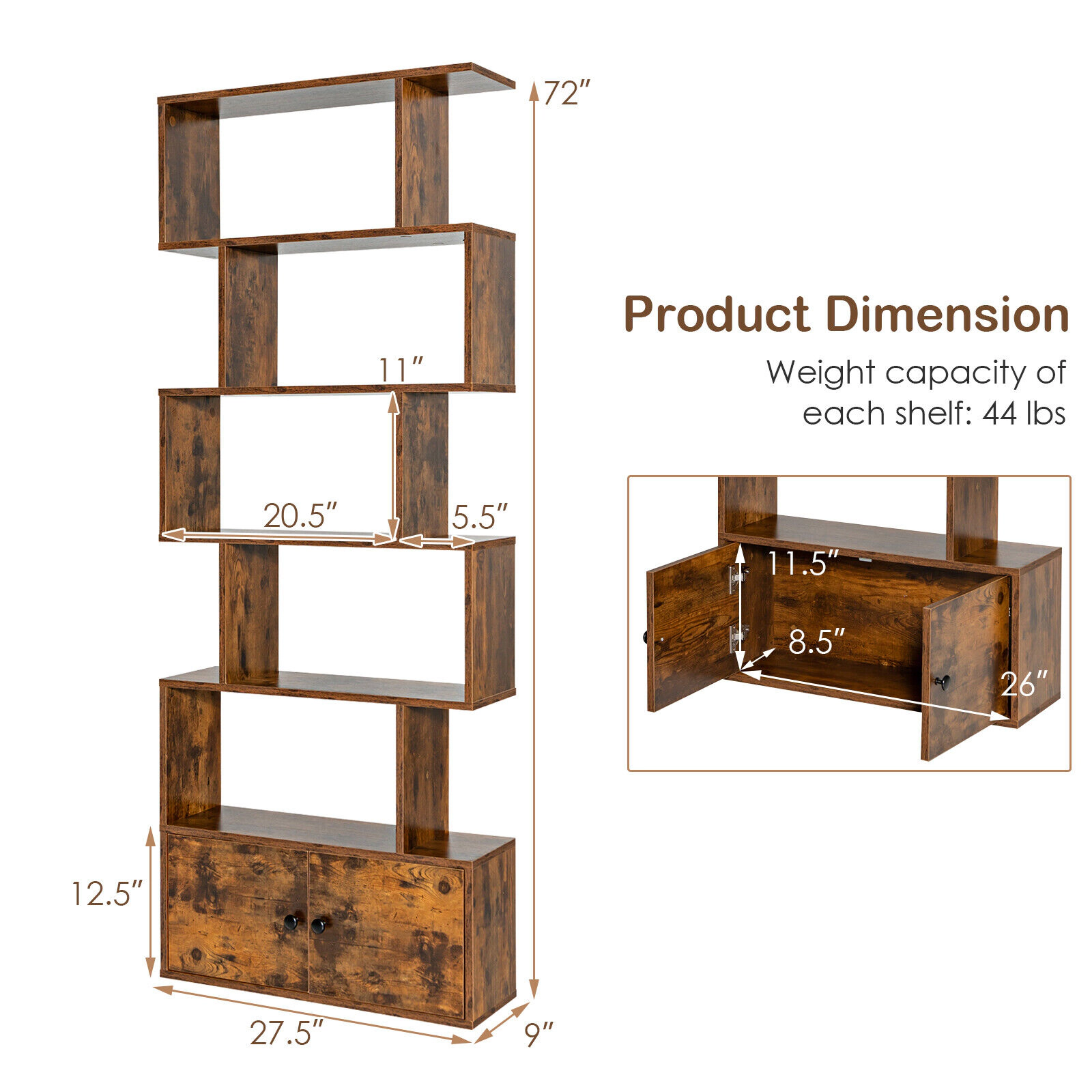 SUGIFT 27.5-in Wide S-Shaped Freestanding Bookshelf with 5 Open Tiers Cabinet and Doors 44-lb Shelf Capacity White