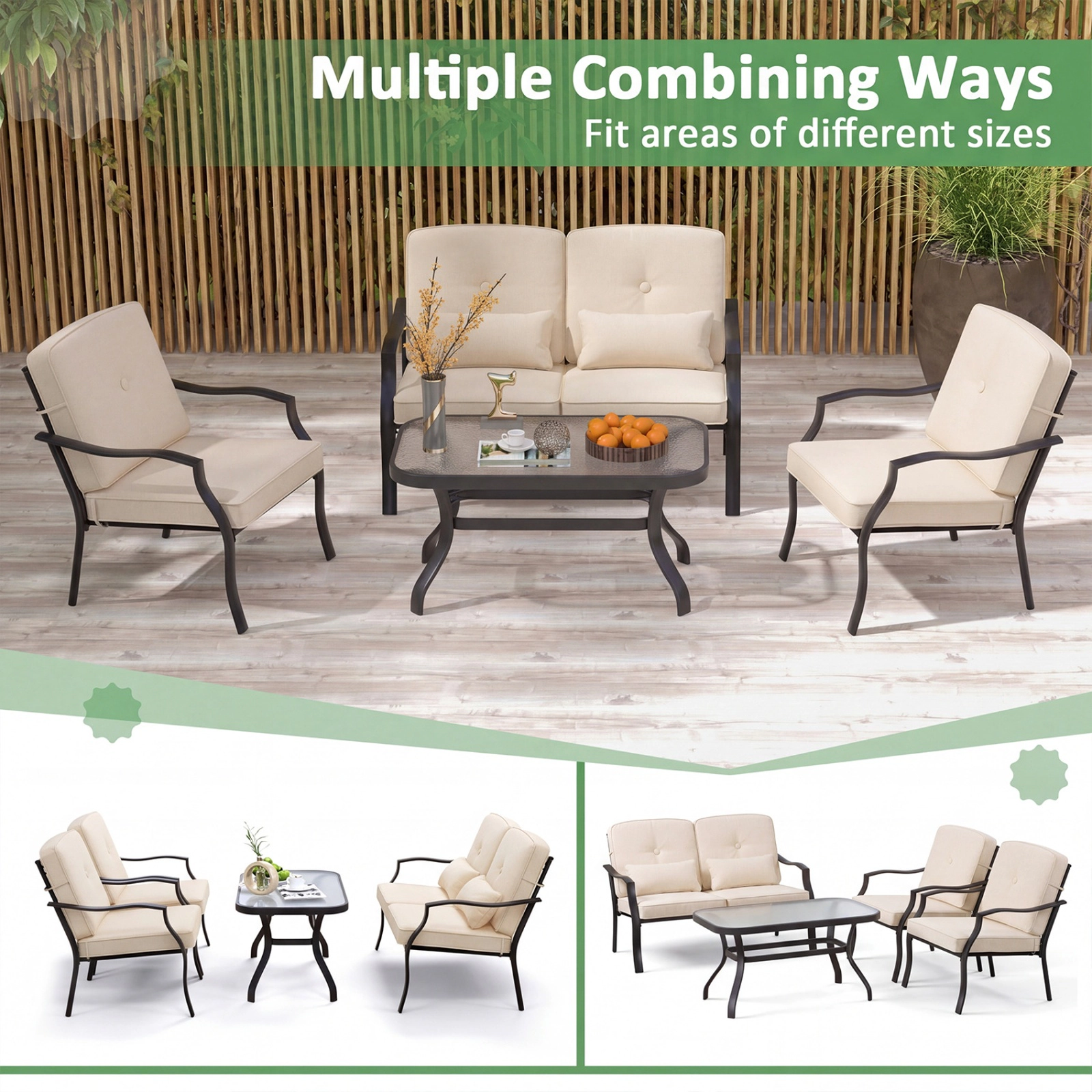 SUGIFT 2-Piece Patio Metal Chairs with Seat and Back Cushions 330-lb Capacity Black Frame Gray Cushions Beige