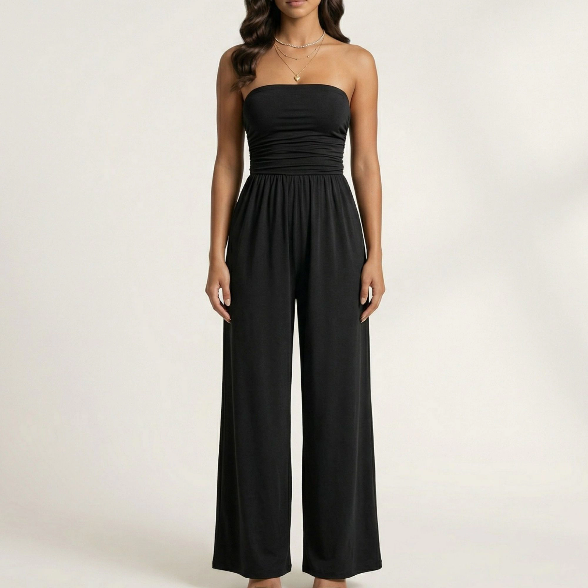 Anna-Kaci Womens Strapless Smocked Wide Leg Jumpsuit