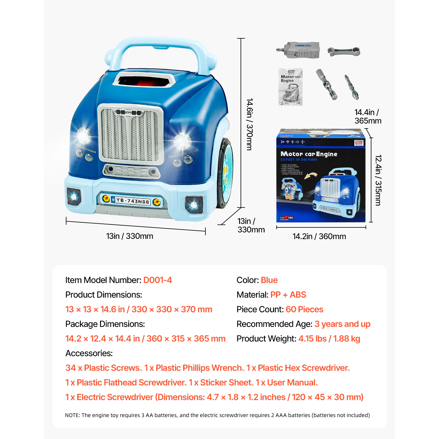 HONGGE Engine Toy 60 Pieces Kids Mechanic Car Repair Set with Removable Parts Lights and Sounds Steering Wheel Horn