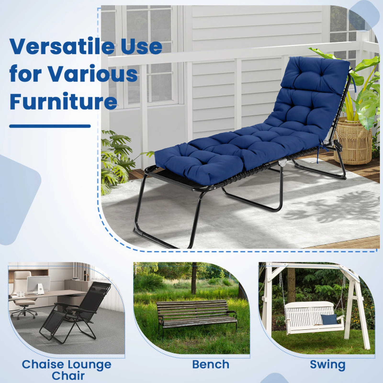 SUGIFT 2-Pack 73-in x 22-in Navy Waterproof Outdoor Lounge Chaise Cushions with High Back and 4 String Ties