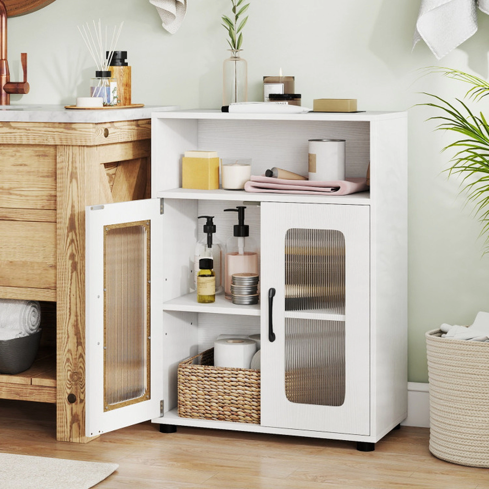 SUGIFT Freestanding 2-Door Removable Shelf Wooden Bathroom Floor Cabinet 24-in x 12-in x 33-in 155-lb Capacity White
