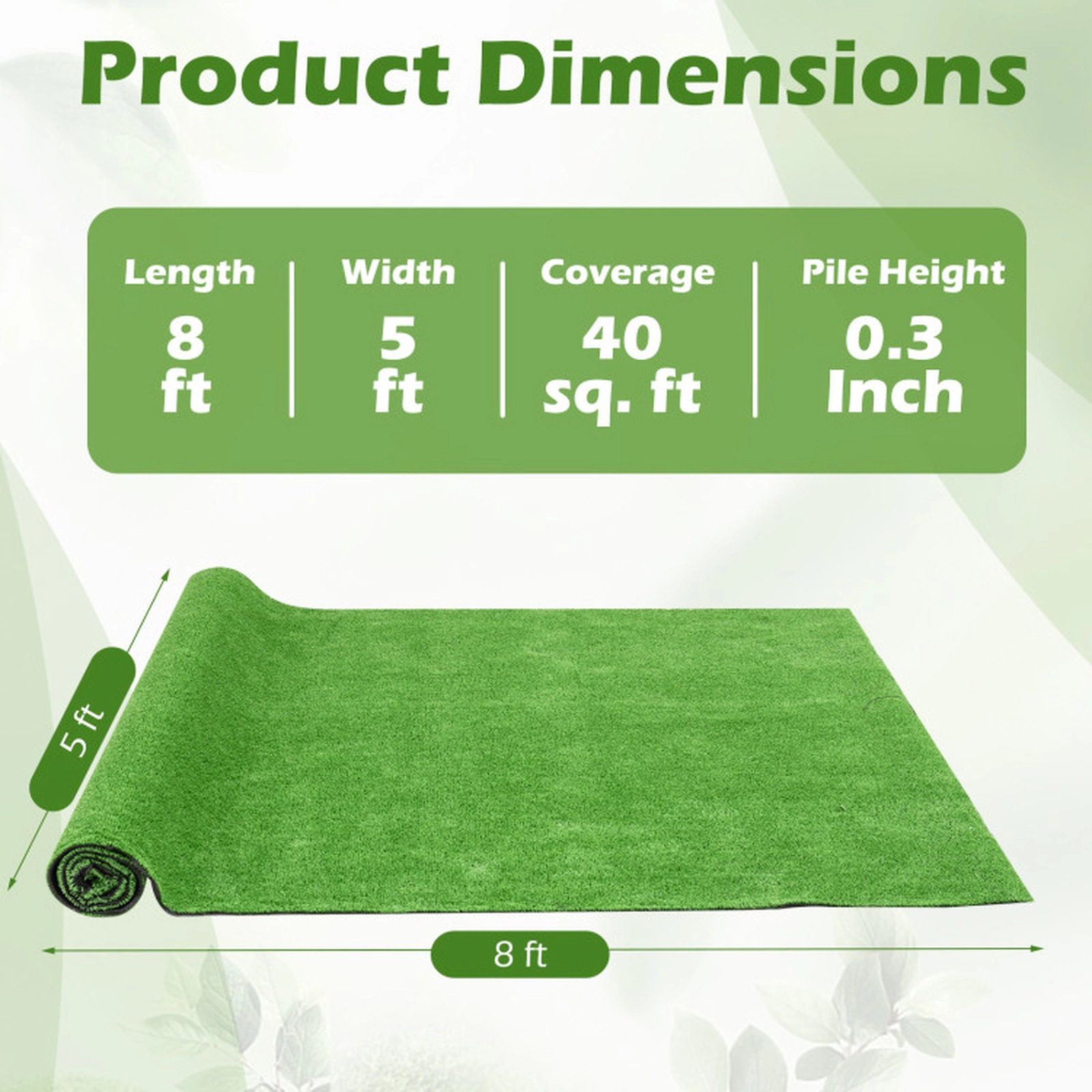 SUGIFT Low 0.3-in Pile Artificial Turf Rug 8 x 5ft Green