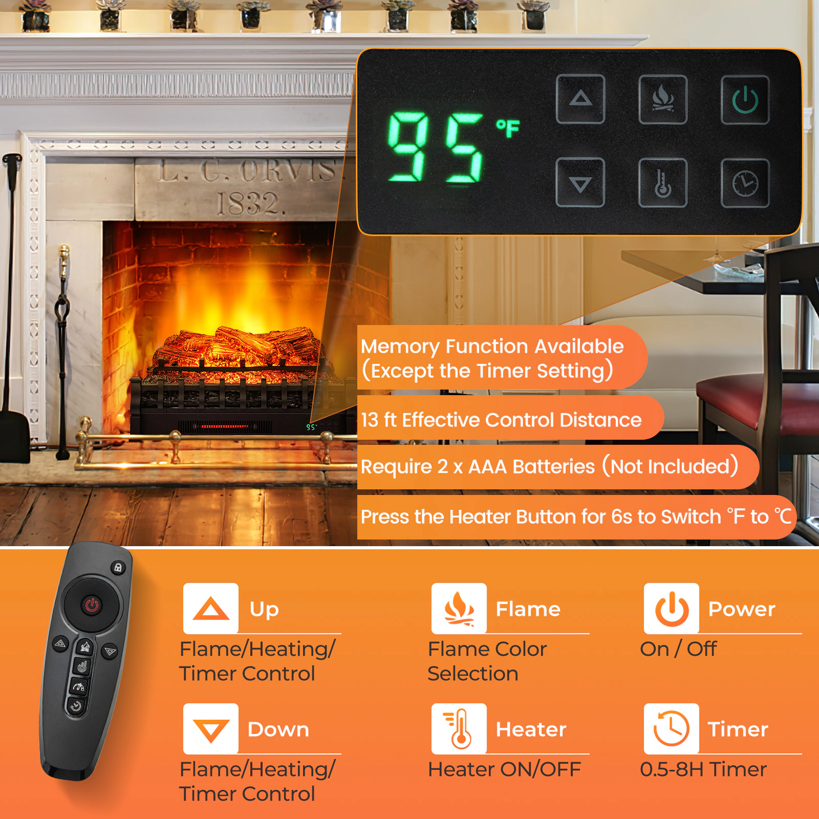 LJG 26 Inches Infrared Quartz Electric Fireplace with Realistic Pinewood Ember Bed