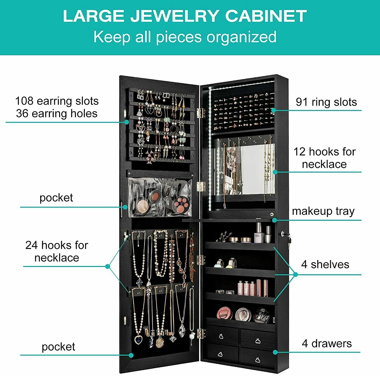 SUGIFT 47-in Wall or Door Mounted Black Jewelry Cabinet Organizer with 4 Drawers and Full-Length Mirror