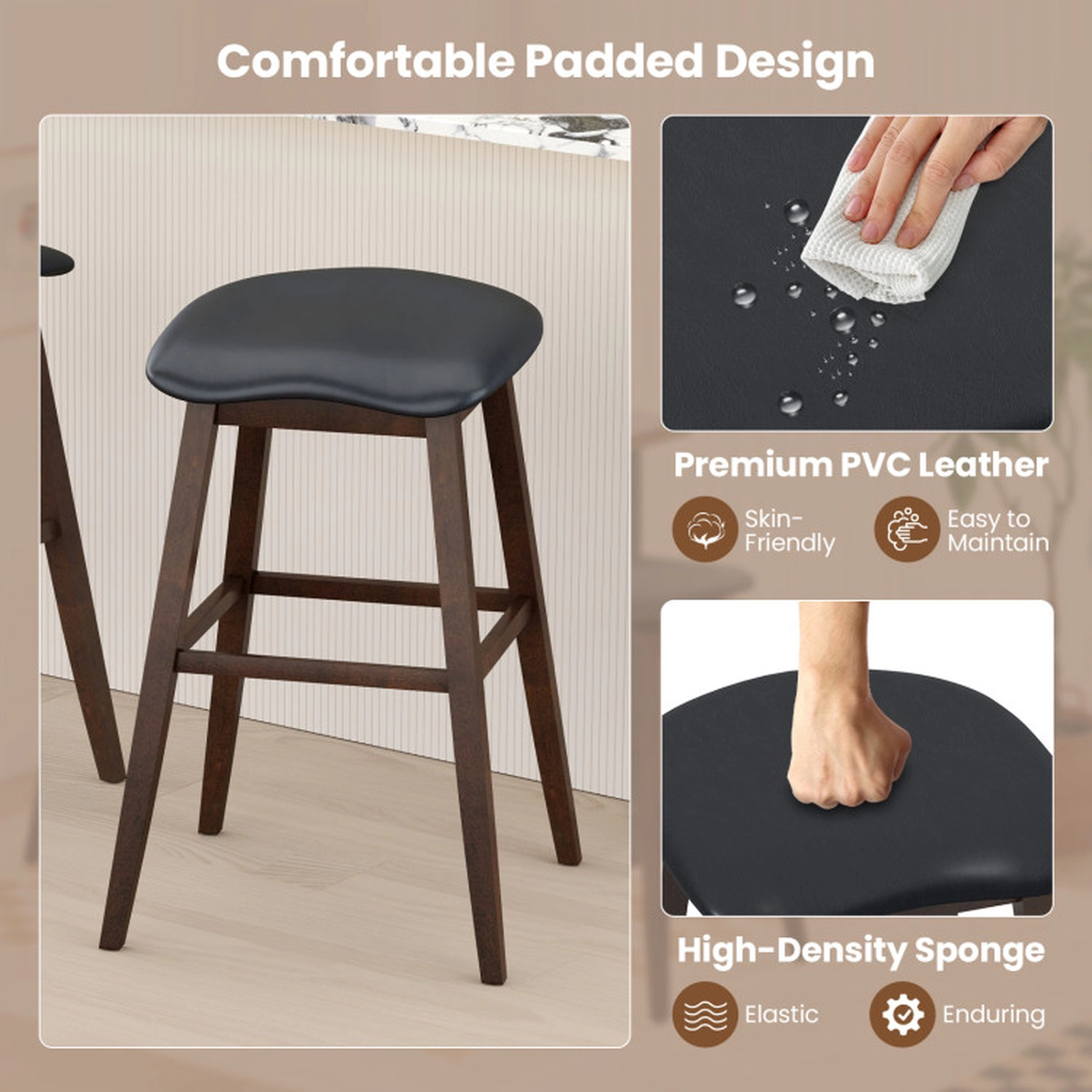 SUGIFT Black and Brown Padded Contoured Seat and Footrest Set of 2 Swivel Bar Stool