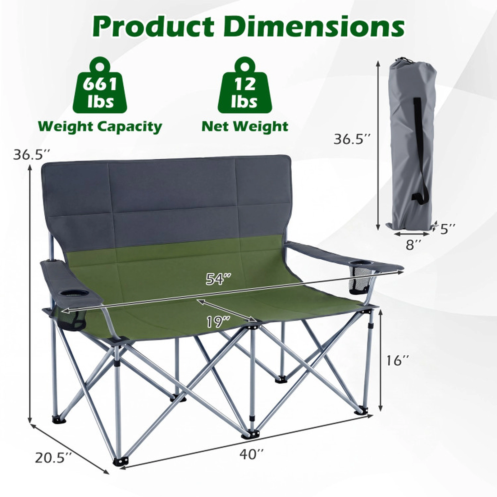 SUGIFT Folding Double Camping Chair with X-Shaped Metal Frame 660-lb Capacity Green with Carry Bag and Cup Holders