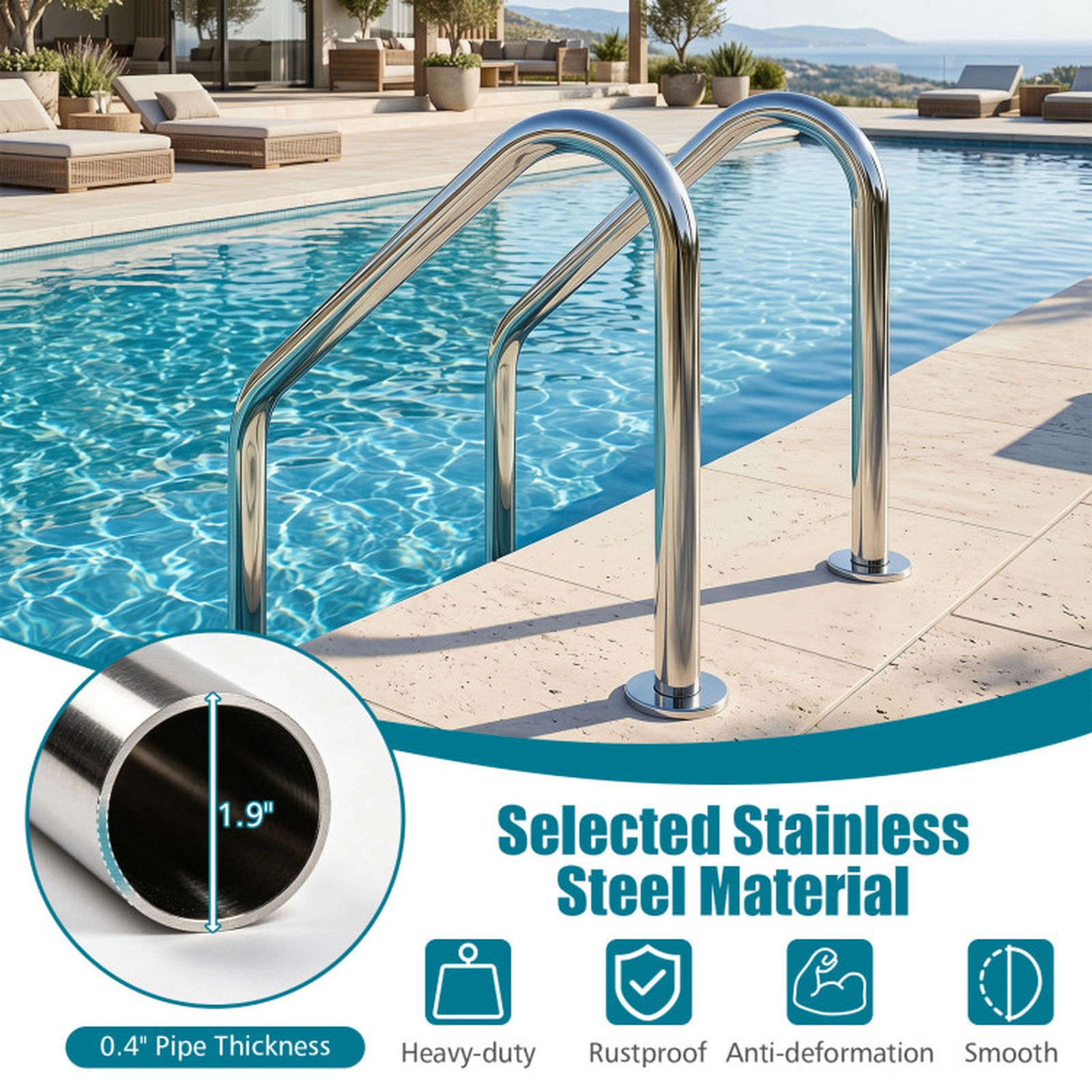 SUGIFT Silver 4-Step Inground Pool Ladder with 2 Handrails and Non-Slip Pedals 68.5-in H 440-lb User Capacity