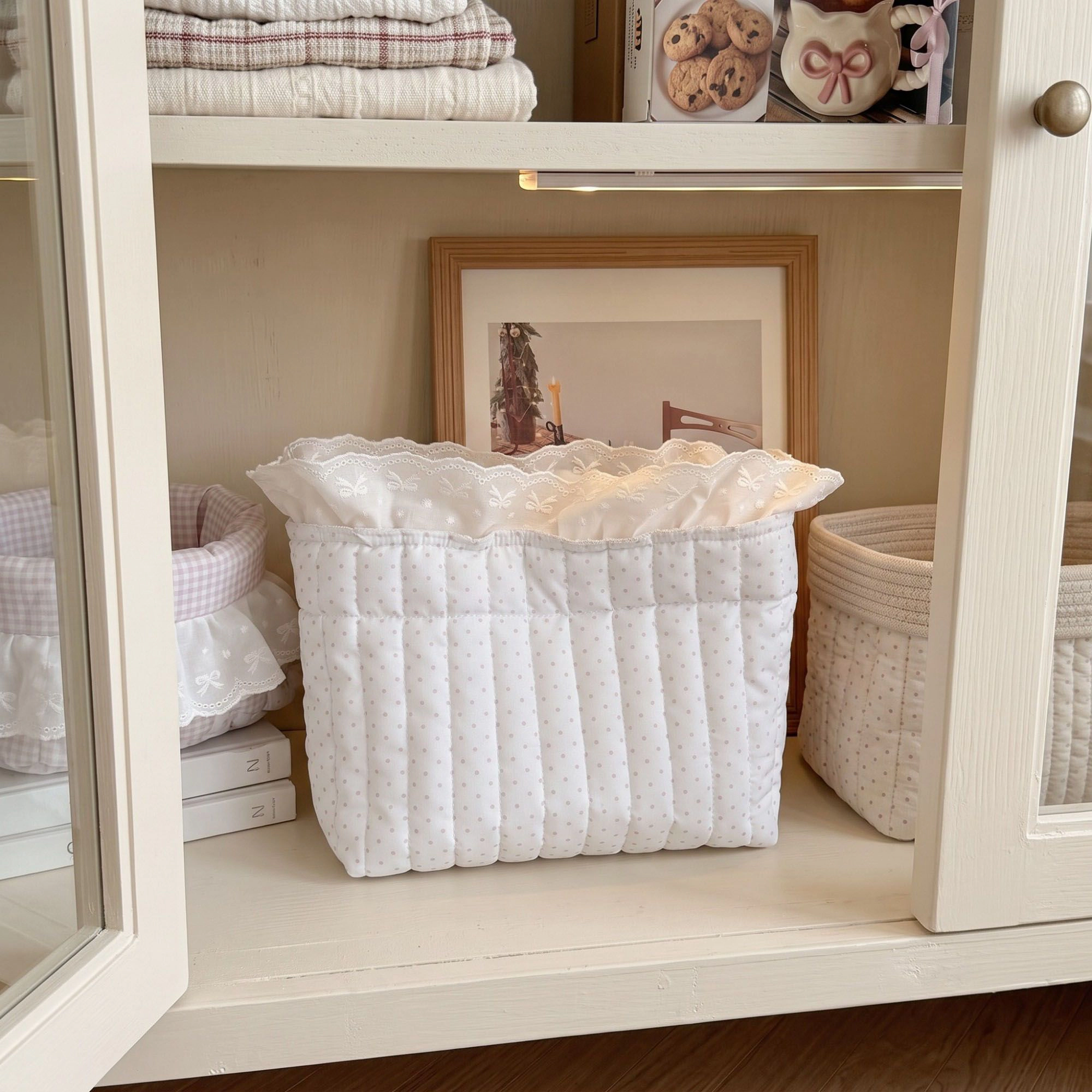 Alilang Unisex Pink Gingham Fabric Storage Basket with Lace Ruffle