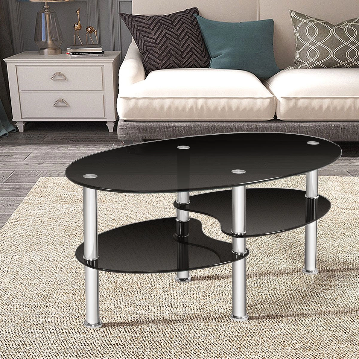 SlickBlue Tempered Glass Coffee Table with Oval Double Tier Shelf