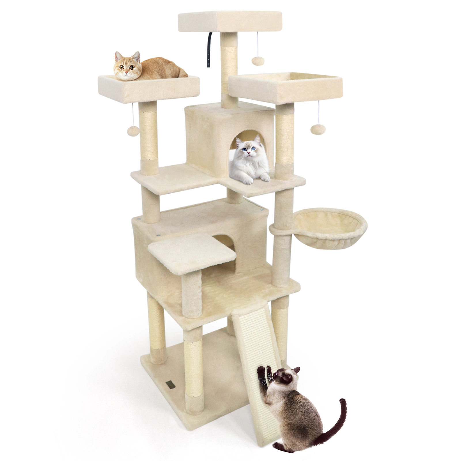 Glintex 65-Inch Cat Tree with 3 Upholstered Perches 2 Condos and Scratching Ladder