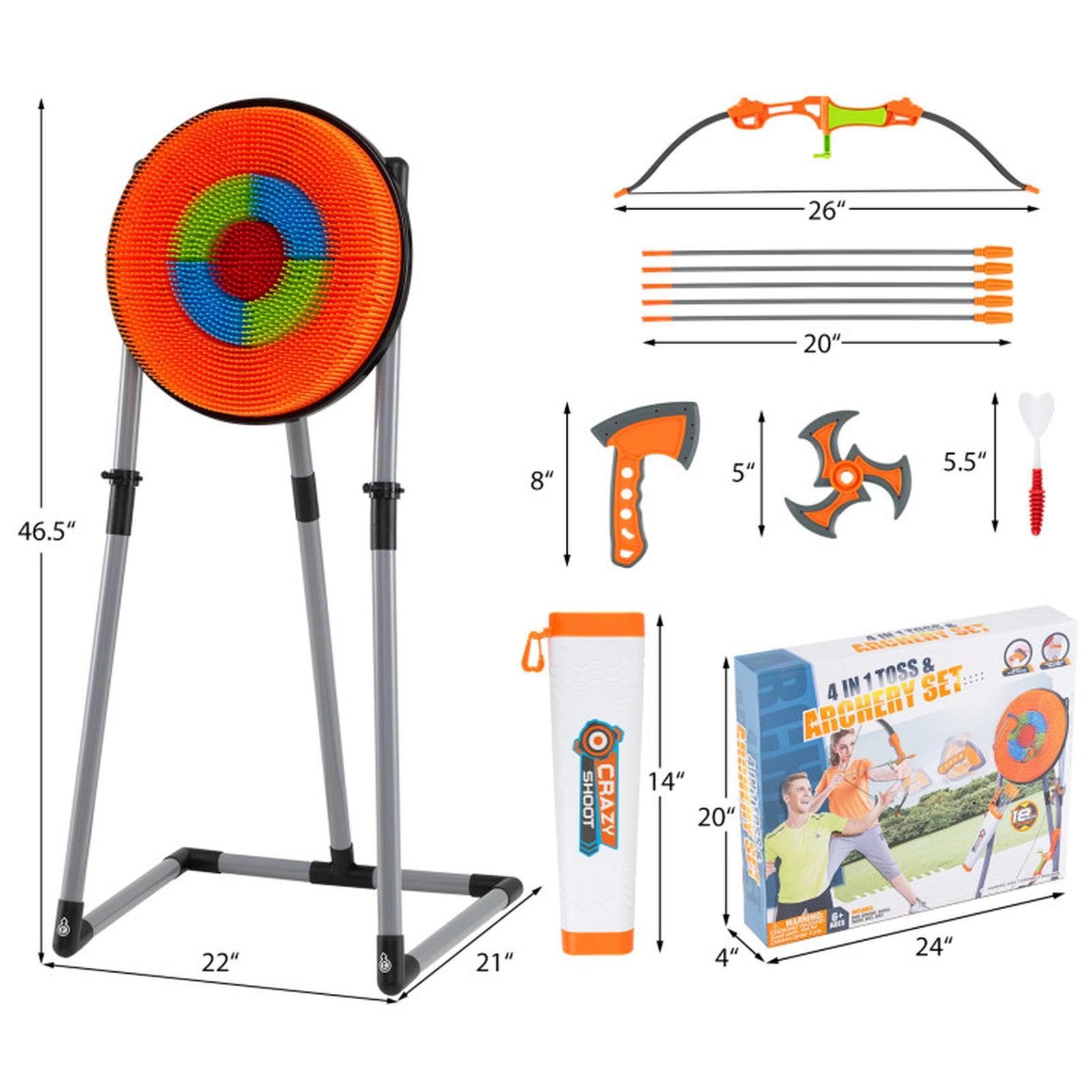 SUGIFT 4-in-1 Throwing Target and Archery Game Set with Bristle Target 22-in Wide Frame Ages 8+ Orange Black Gray