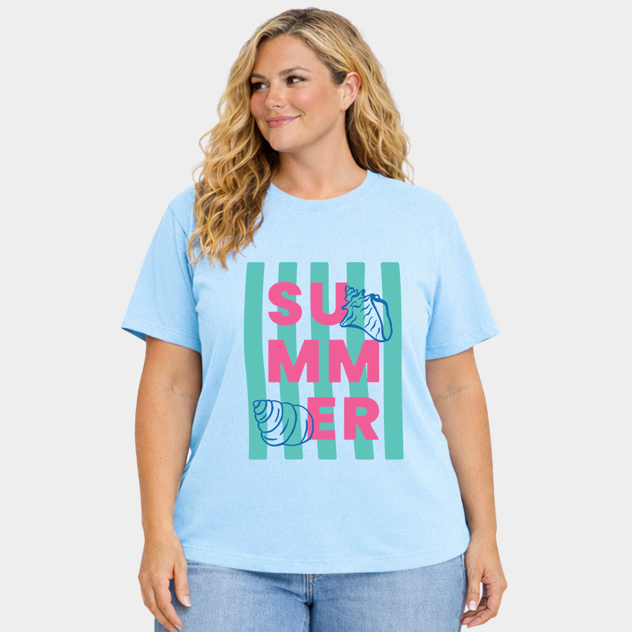 Simply Sage Market - Summer Stripes Seashells Women's Plus Sized Garment Dyed Graphic T-Shirt