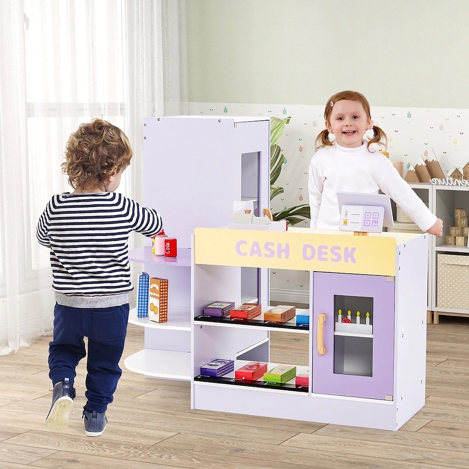 Kids Wooden Supermarket Playset Vending Machine Cash Register 13-pc Accessories 35-in Grocery Store Ages 3-8