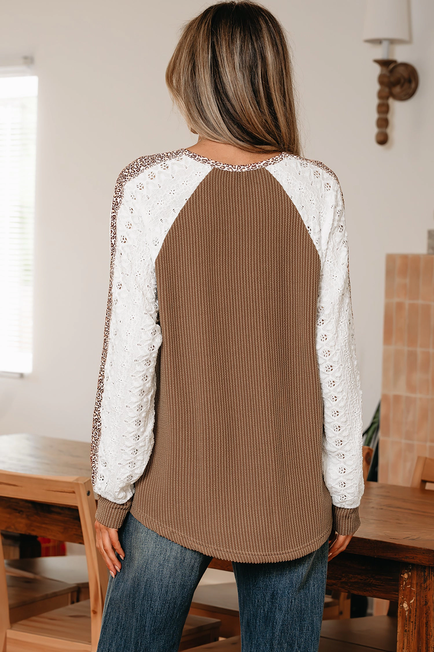 Threaded Pear Women's Isabella Lace Contrast Patchwork Long Sleeve Top