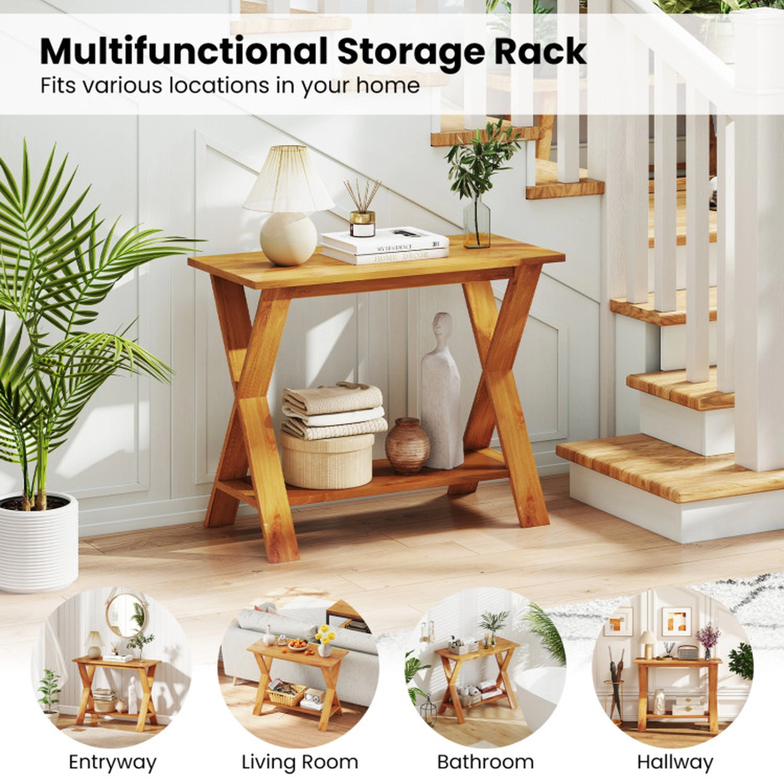 SUGIFT 2-Tier Solid Wood X Legs Storage Shelf Console Table 35.5-in x 16-in x 28-in 133-lb Capacity Natural Teak