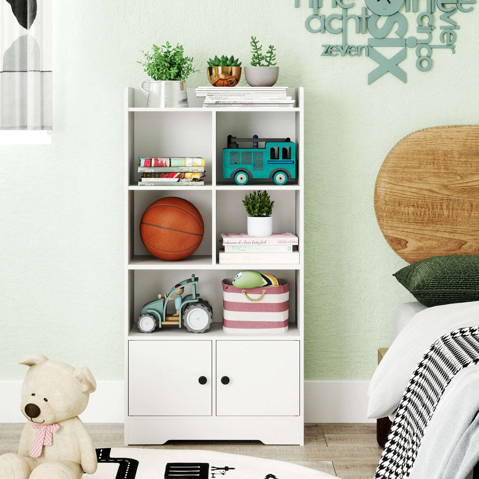 LJG 4 Tiers Bookshelf with Cubes Display Shelf and 2 Doors